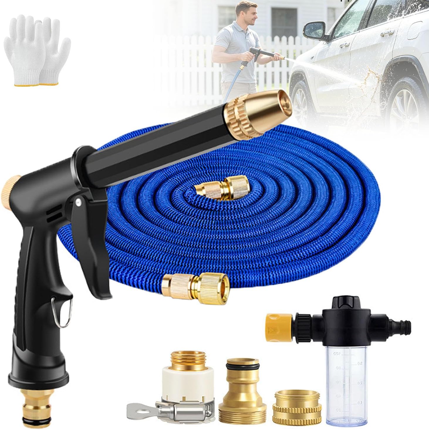 H2 Long Spray Gun + 3 Connectors, H2 Long Spray Gun Power Washer, Multifunctional Car Wash Tool, Portable High Pressure Water Sprayer, 360° Adjustable Garden Hose Nozzle Sprayer (With 33ft 10m Hose)