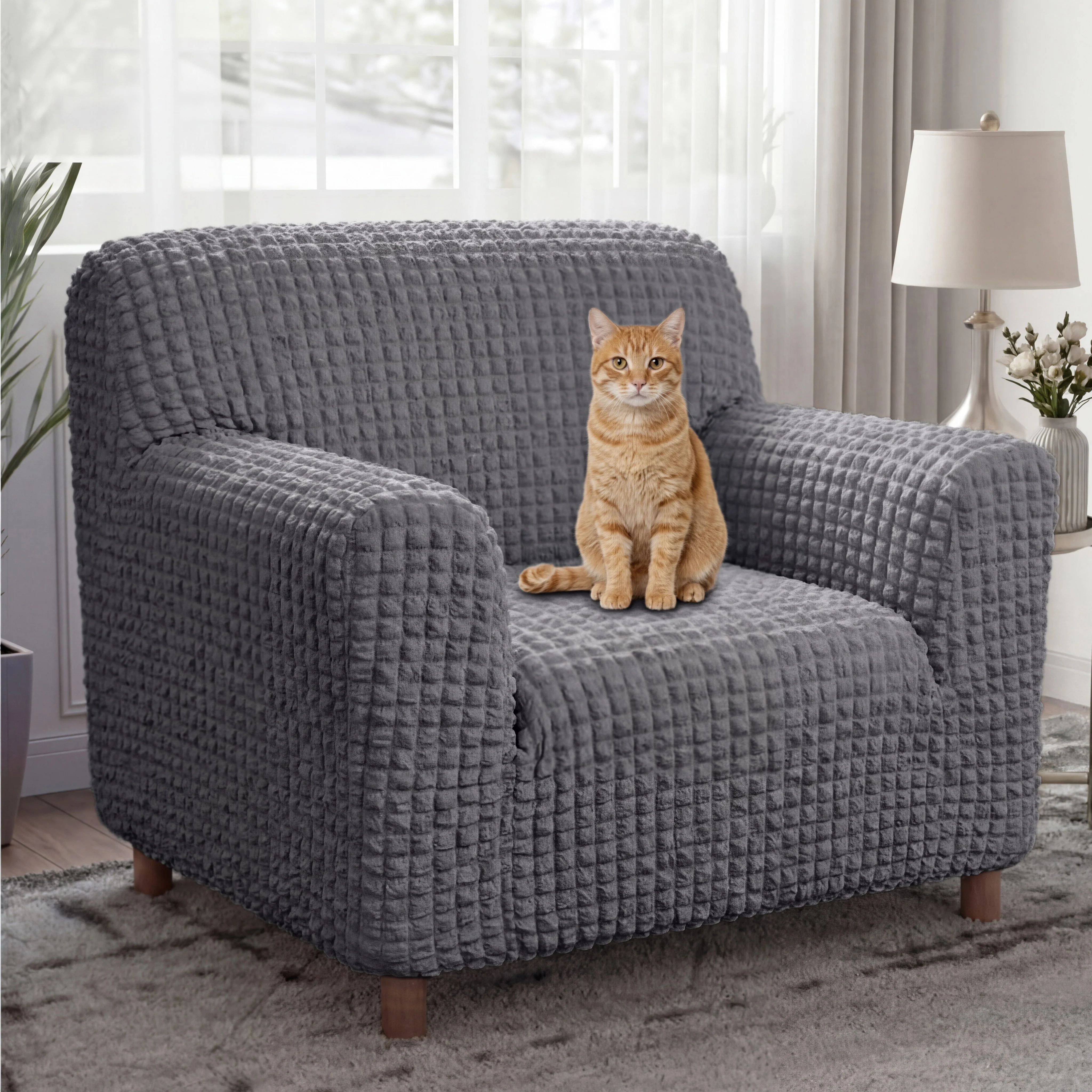 Cream Style Seersucker Breathable Stretchy Full-Coverage Magic Armchair Cover