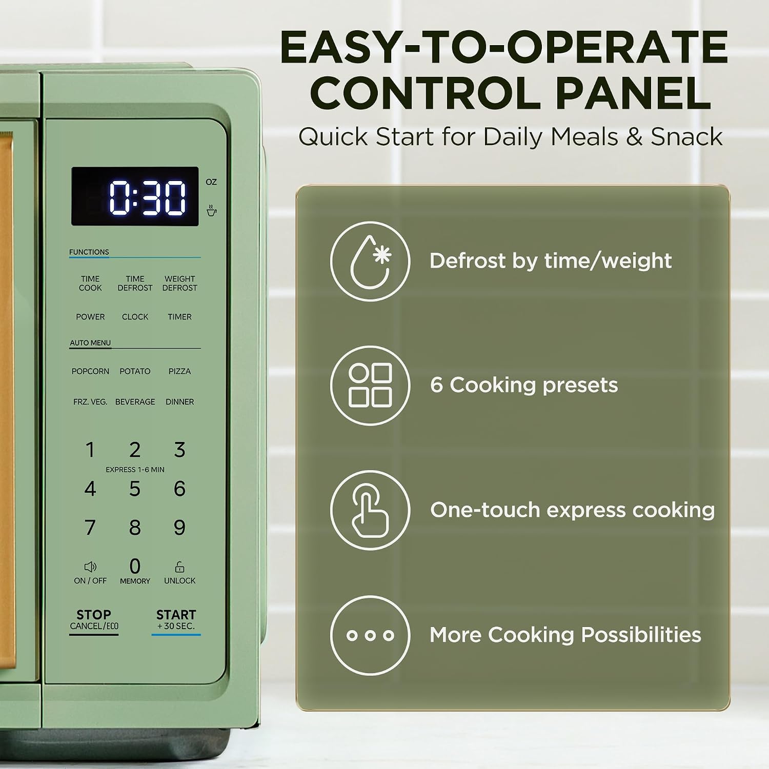 Midea Retro Countertop Microwave, 1.1 CuFt, 1000W, 6 Presets, Sage Green