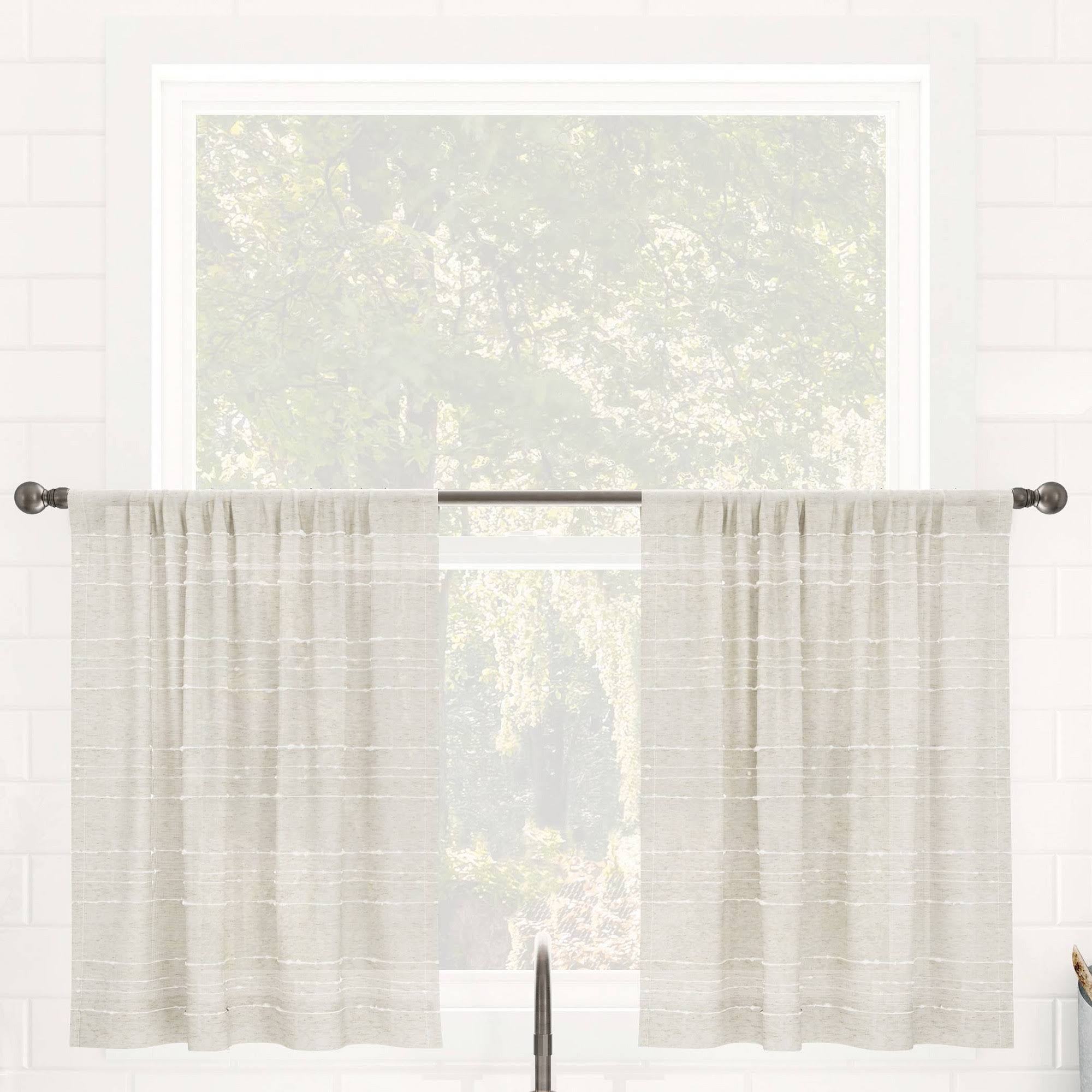 Clean Window Textured Slub Stripe Anti-Dust Linen Blend Sheer Cafe Curtain Pair - 52