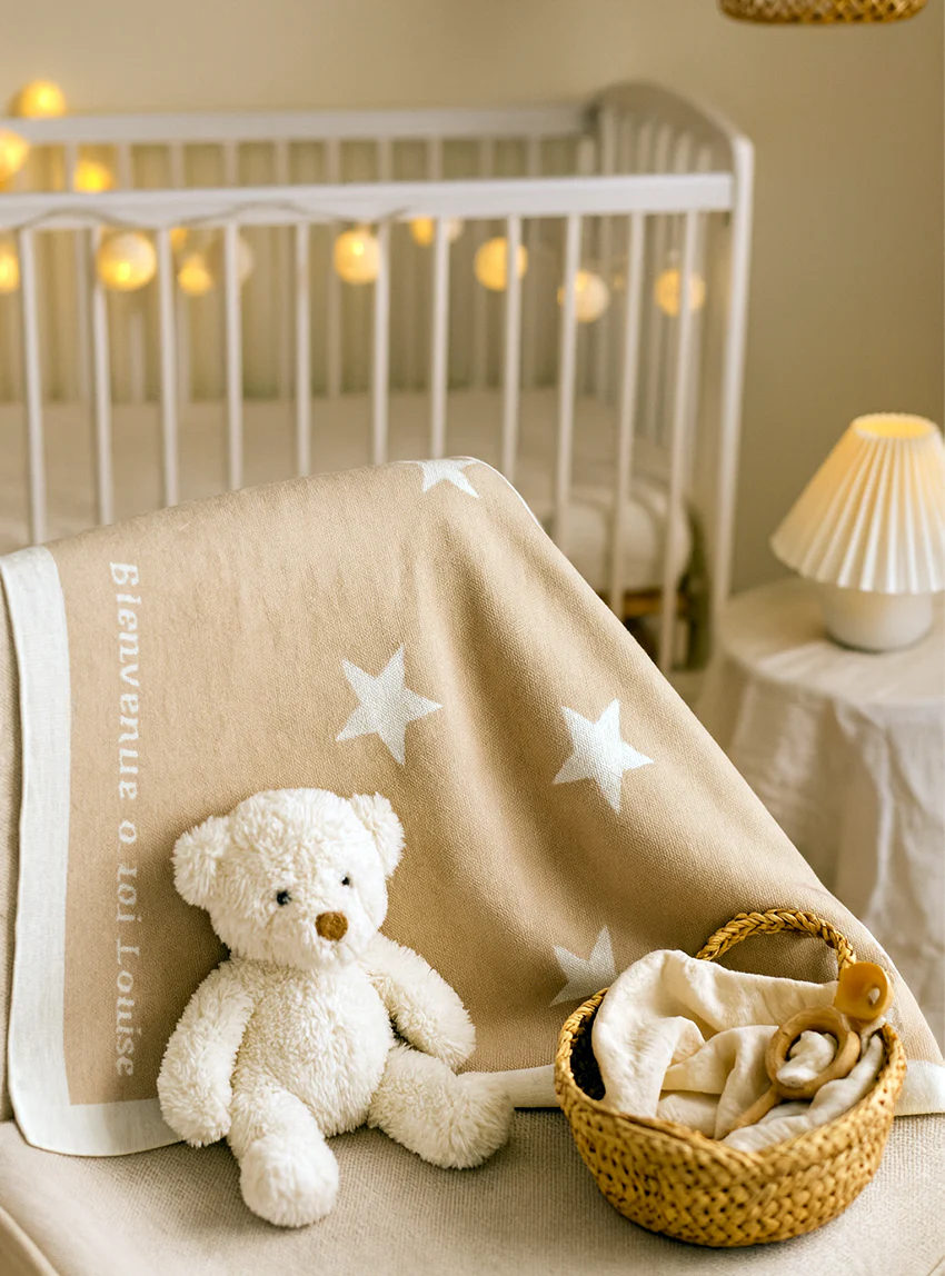 Plaid bébé étoiles 100% laine beige pastel
