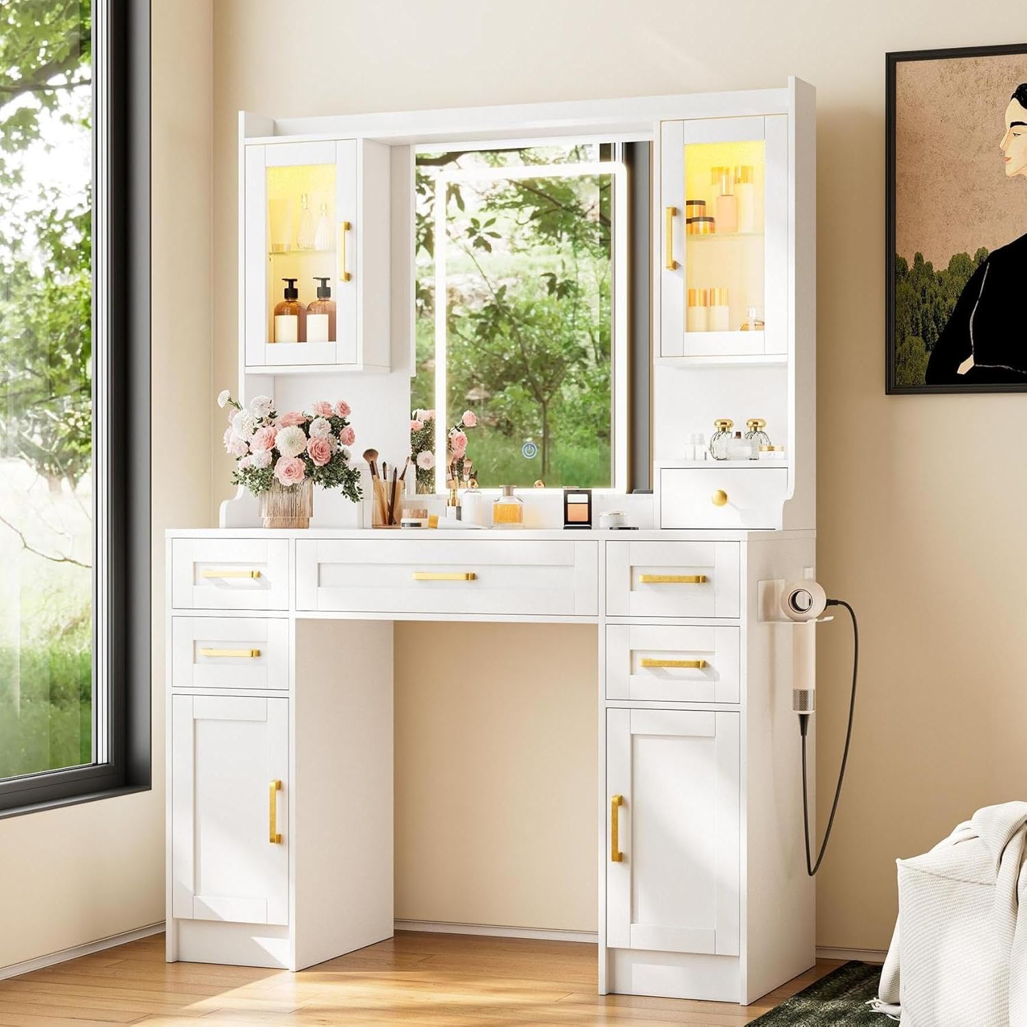 KAMABOKO Vanity Desk with Mirror & LED Lights & Power Outlet, Large Makeup Vanity Table with 5 Drawers and 4 Storage Cabinets, White Dressing Table for Bedroom