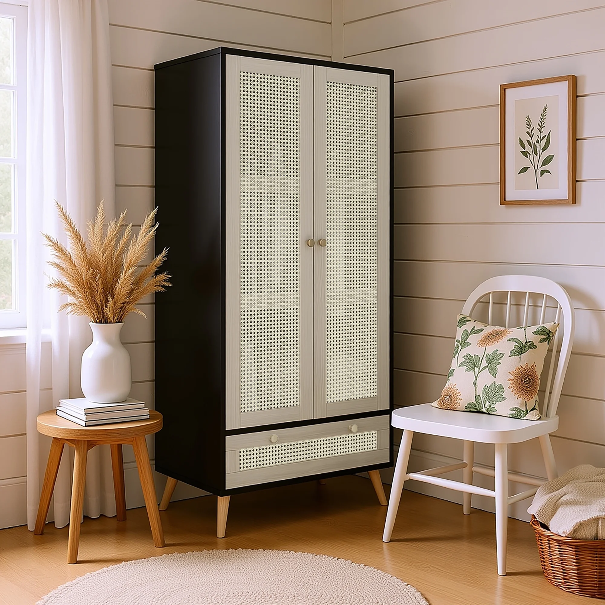 Accent Cabinet with Rattan Doors Drawer, Modern Storage Armoire for Living Room, Bedroom, Natural Wood Finish - Image 4