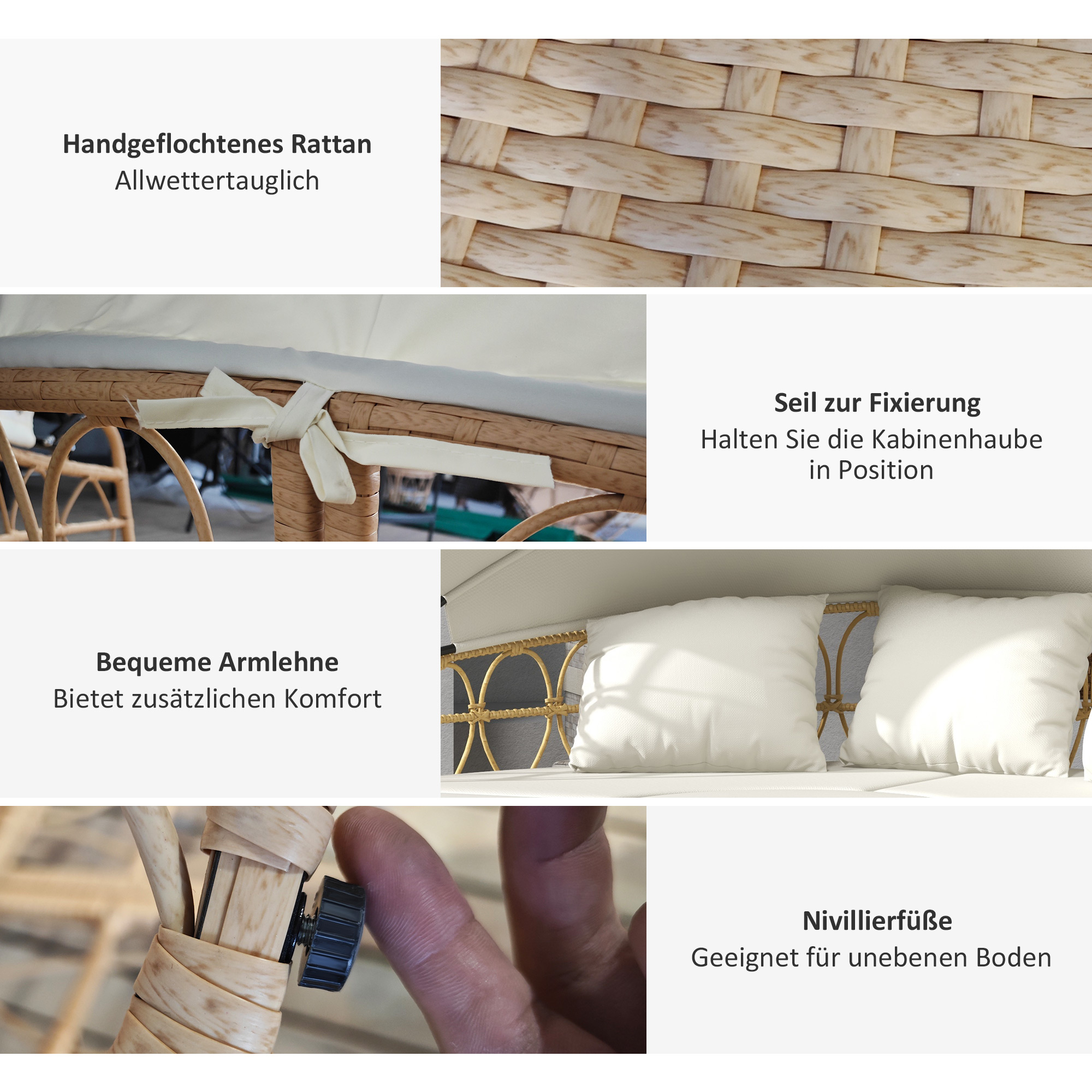 Outsunny Loungeset met uitschuifbaar dak, 4-delig, inclusief 5 kussens, rattanlook, 178B x 85T x 66,5H cm, beige