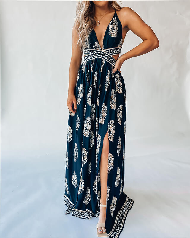 Robe imprimée sexy dos nu fendue pour femme
