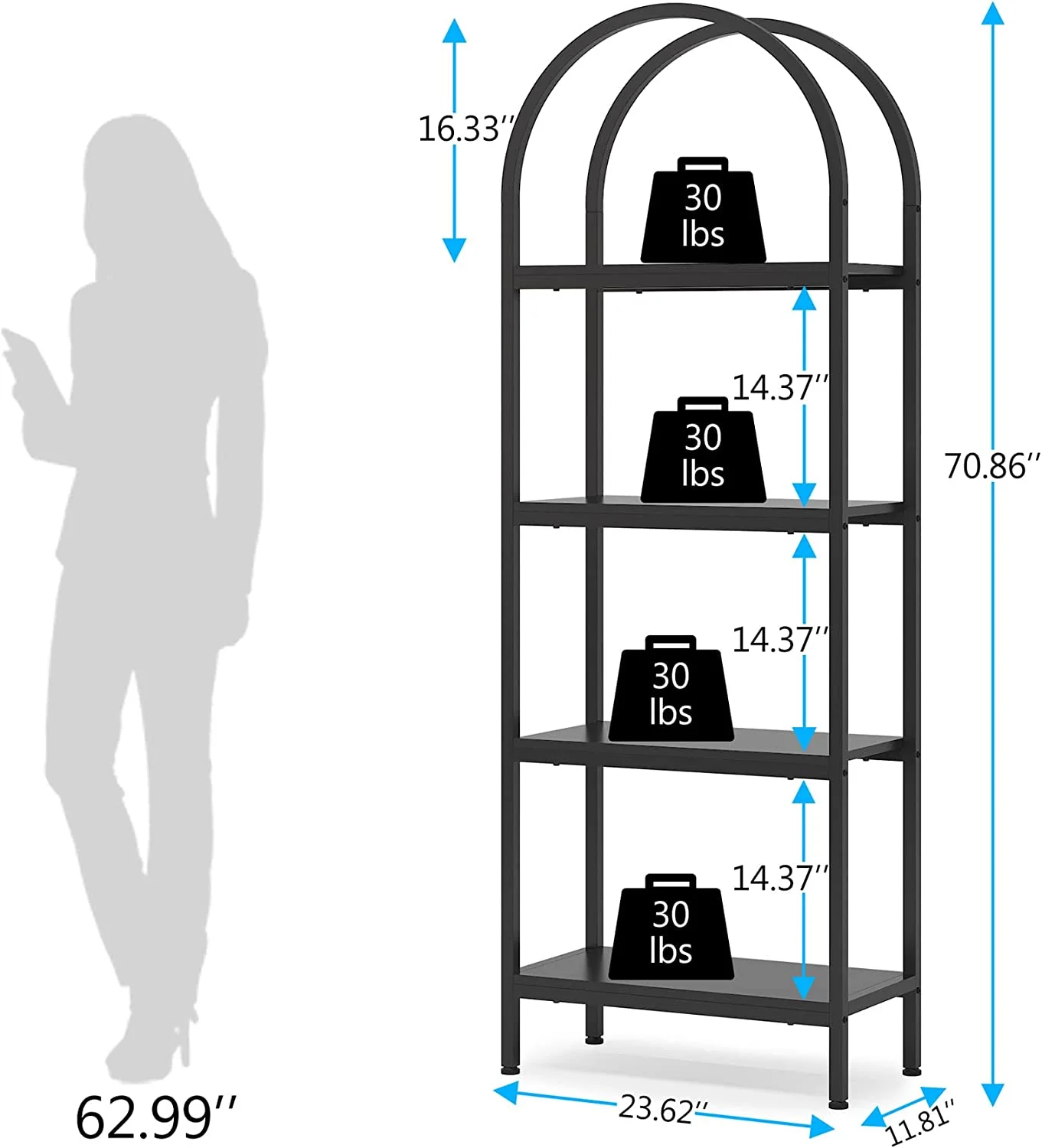 70.8" Industrial 4-Tier Bookshelf: Wood and Metal Display Rack (Black, 2PCS)(4-Tier Black) - Image 2