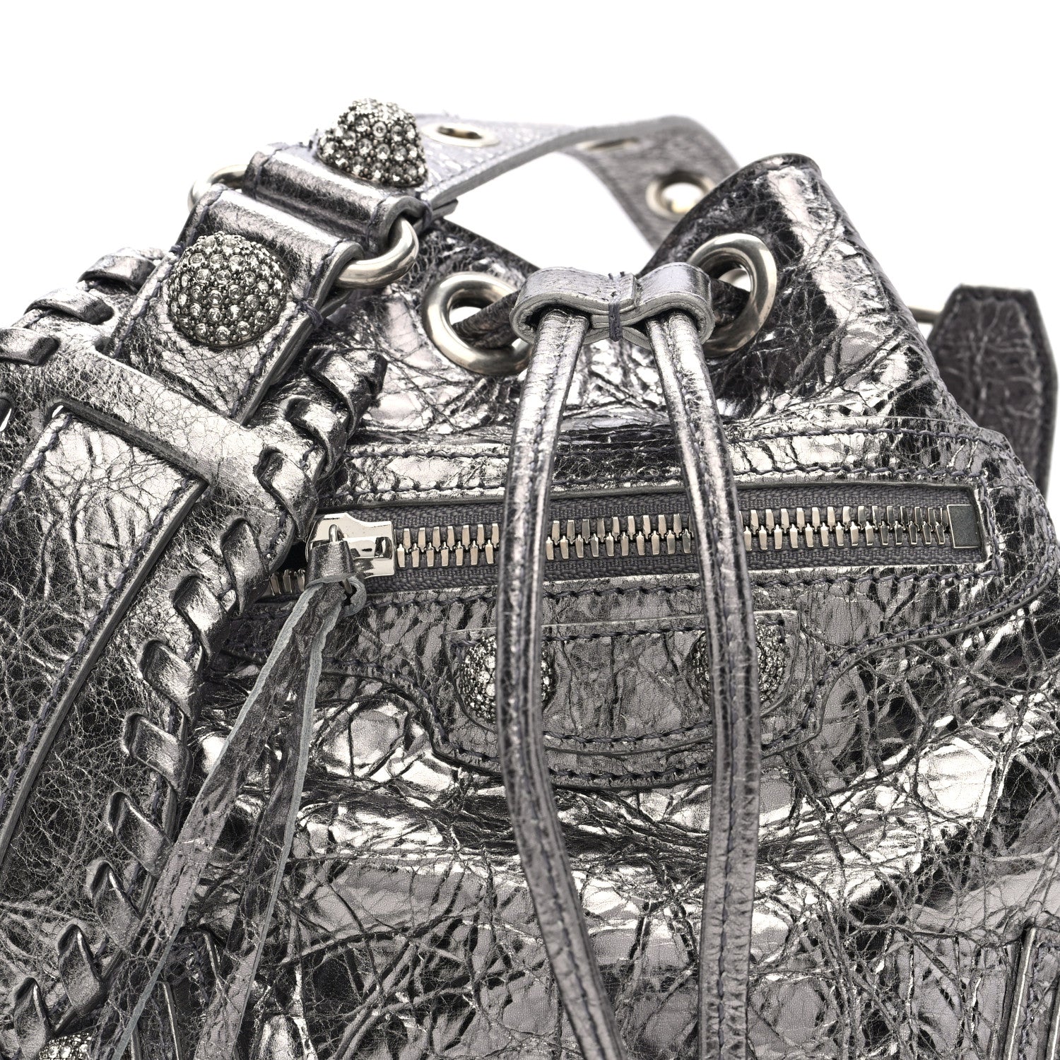Metallic Agneau Arena Crystal Le Cagole Bucket Bag XS Silver