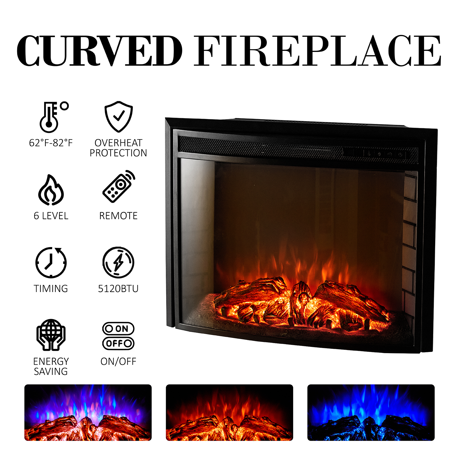 Curved TV Cabinet with 26" Electric Fireplace for TVs up to 65", Distressed White(Distressed White) - Image 8