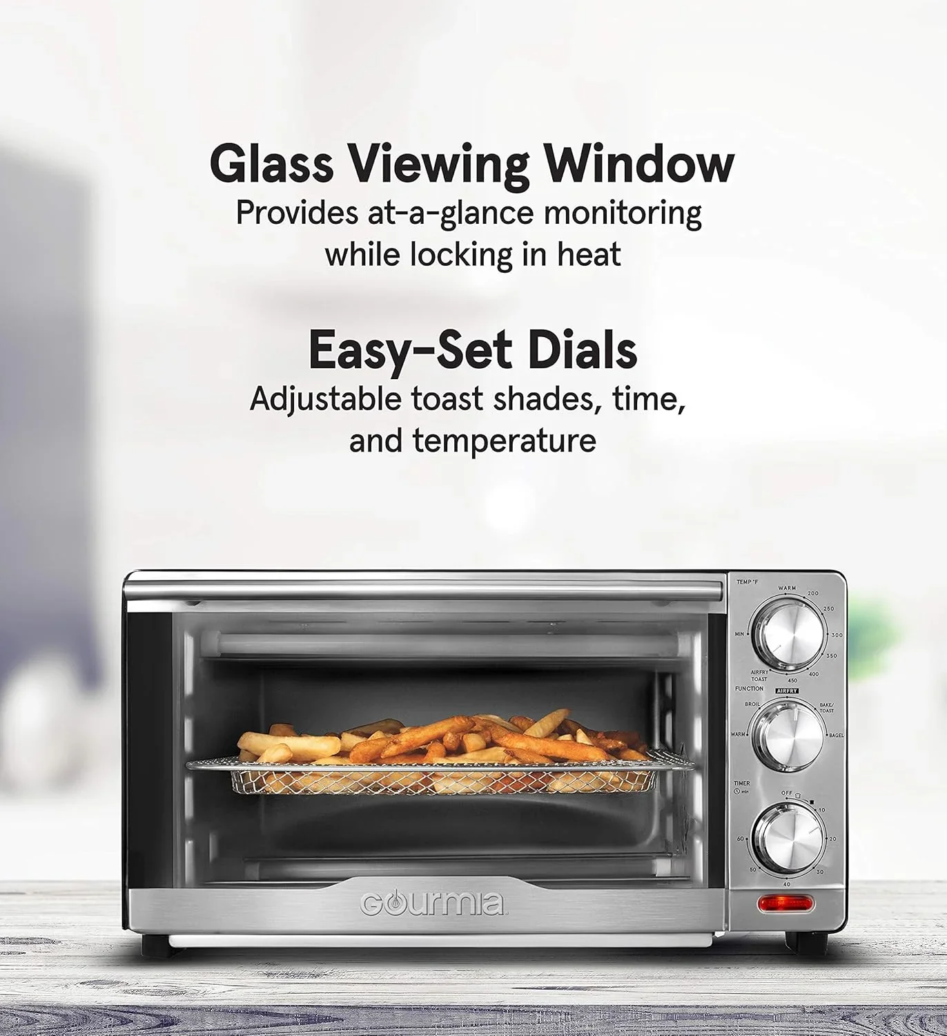 Four Gourmia avec friteuse à air chaud, 17 programmes de cuisson prédéfinis, capacité de 24 L et grille à convection.