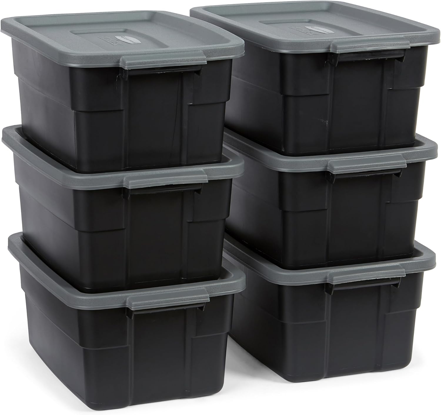 Rubbermaid 6-Pack Heavy Duty Durable 3 GAL Totes for Storage with Snap Lids and Handles, Plastic Storage Bins Stackable Black Gray for Home and Garage (3 GAL - 6 Pack Solid Black and Grey)