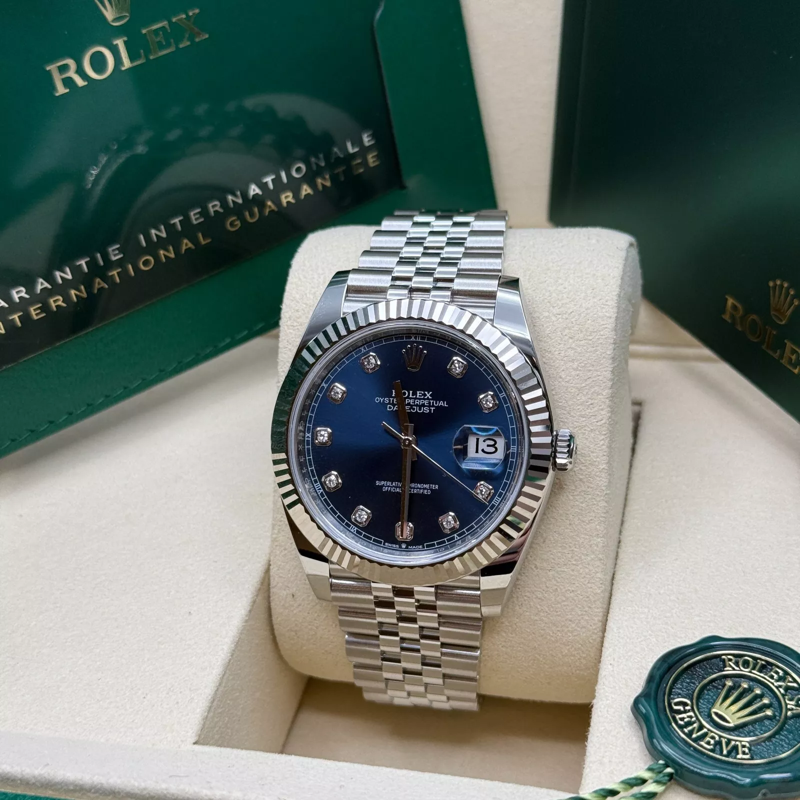 [Super Clone]RLX  Datejust 41mm Swiss Replica Watch | Blue Dial with Diamonds Ref 126334