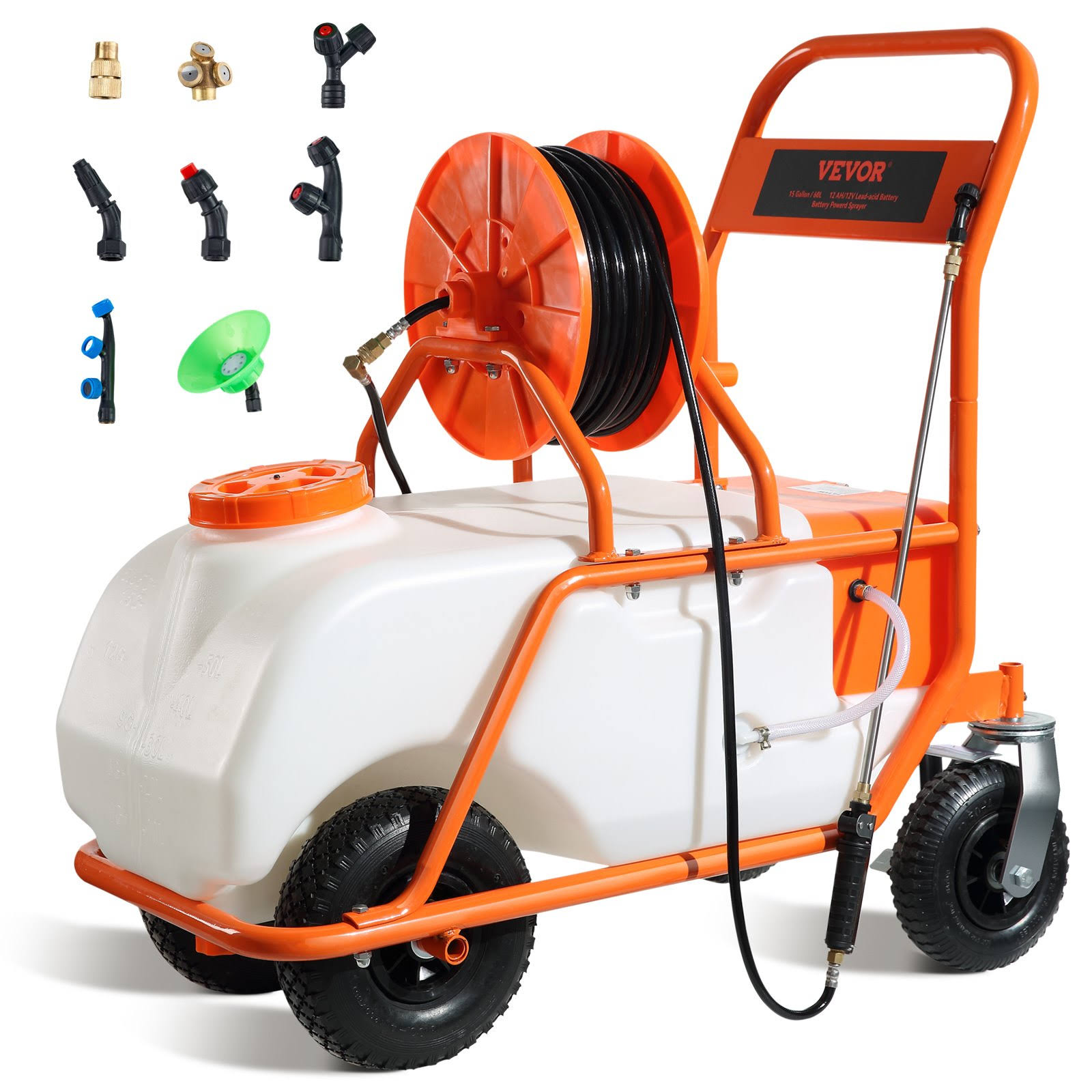 VEVOR Battery Powered Lawn Sprayer on Wheel, 0-90 PSI Adjustable Pressure, 15 Gallon Tank, Cart Sprayer with 8 Nozzles and 2 W