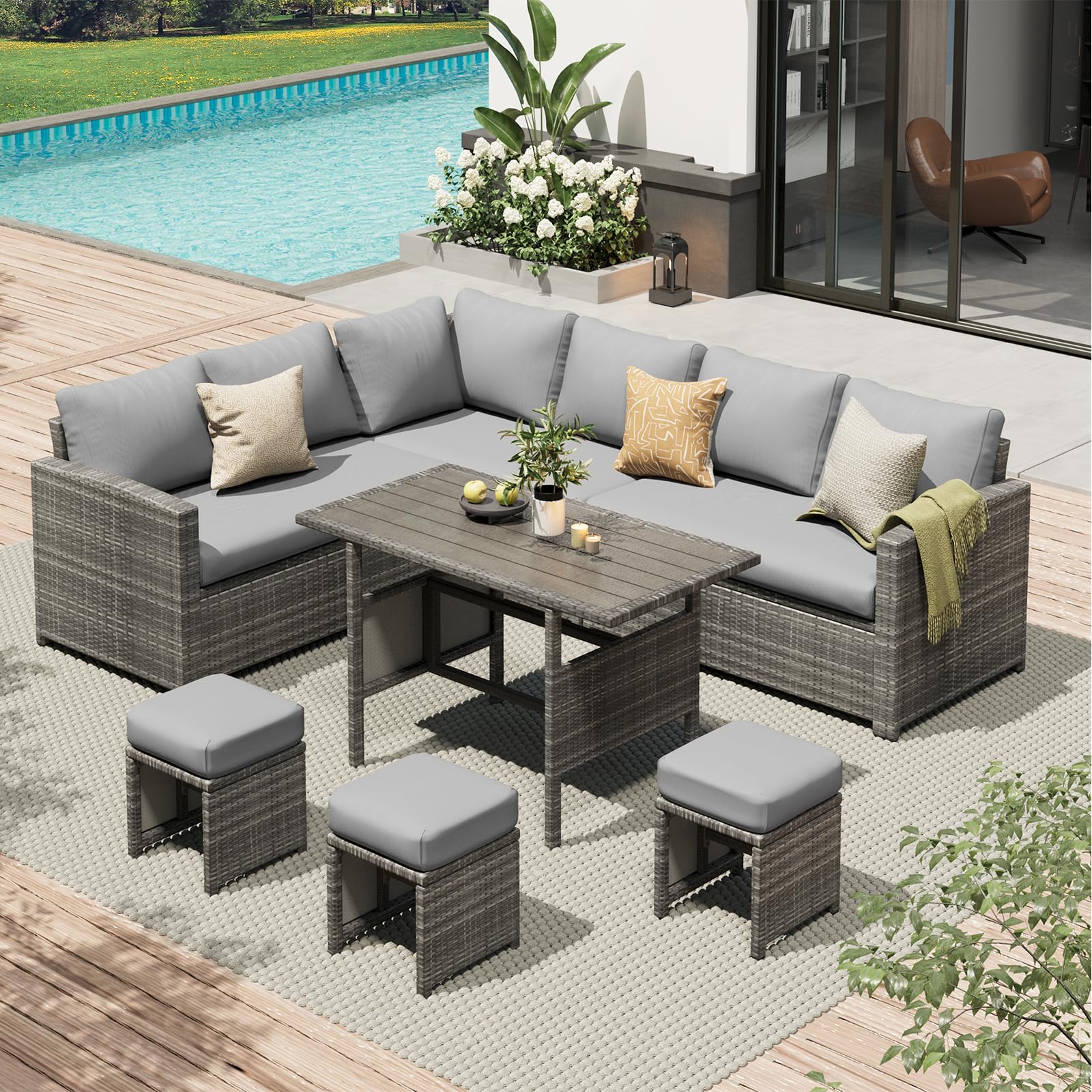 AECOJOY 7 Pieces Outdoor Wicker Rattan Dining Sofa Set with Waterproof Cover, Gray