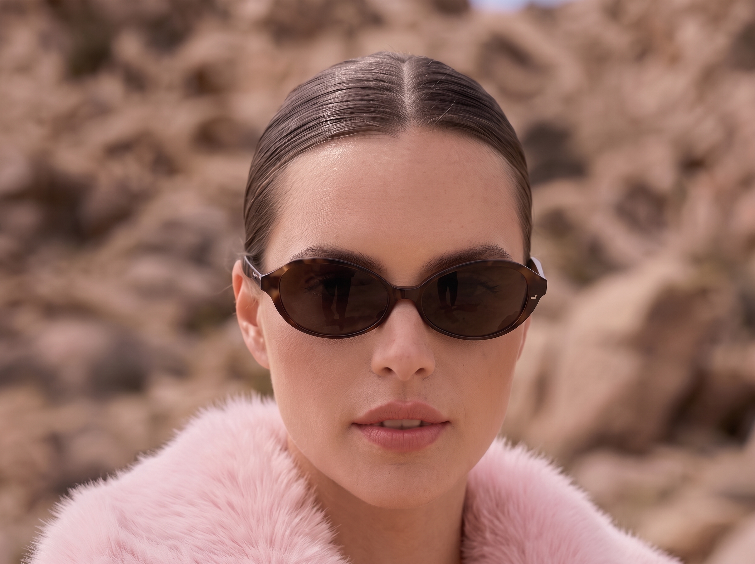Woman wearing a pink faux fur coat and sunglasses outdoors