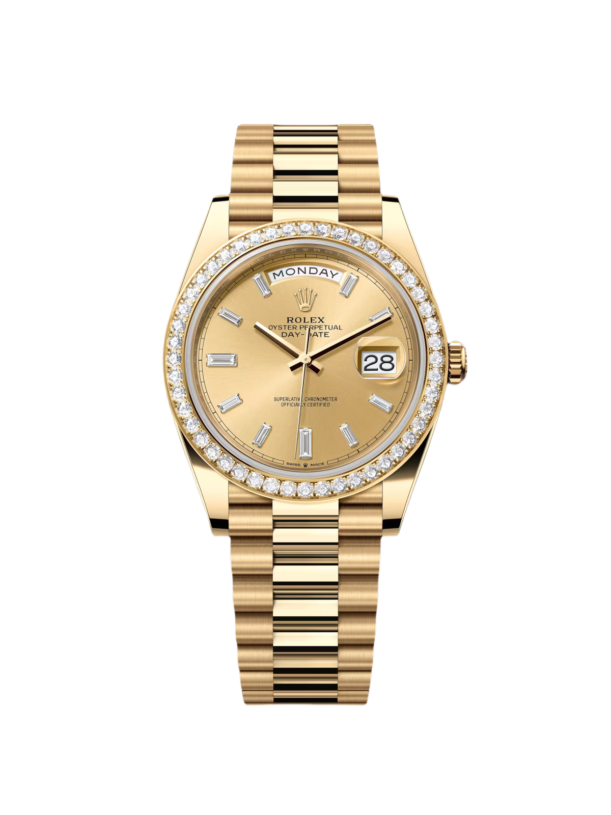 【Super Clone】RLX Day-Date 40mm Champagne Diamond Dial and Bezel Yellow Gold President Bracelet 228348RBR-0002