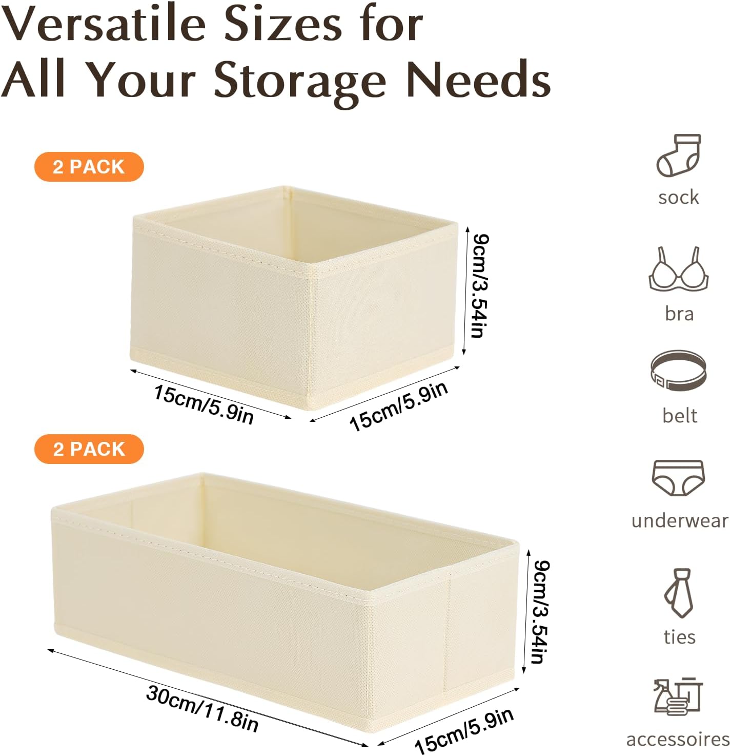 DIMJ Drawer Organizers for Clothes, Dresser Organizer Bins for Baby Clothes, Underwear and Socks, Fabric Closet Organization and Storage Boxes, Drawer Dividers for Nursery, Clothing, Ties - 4 Pack, Beige