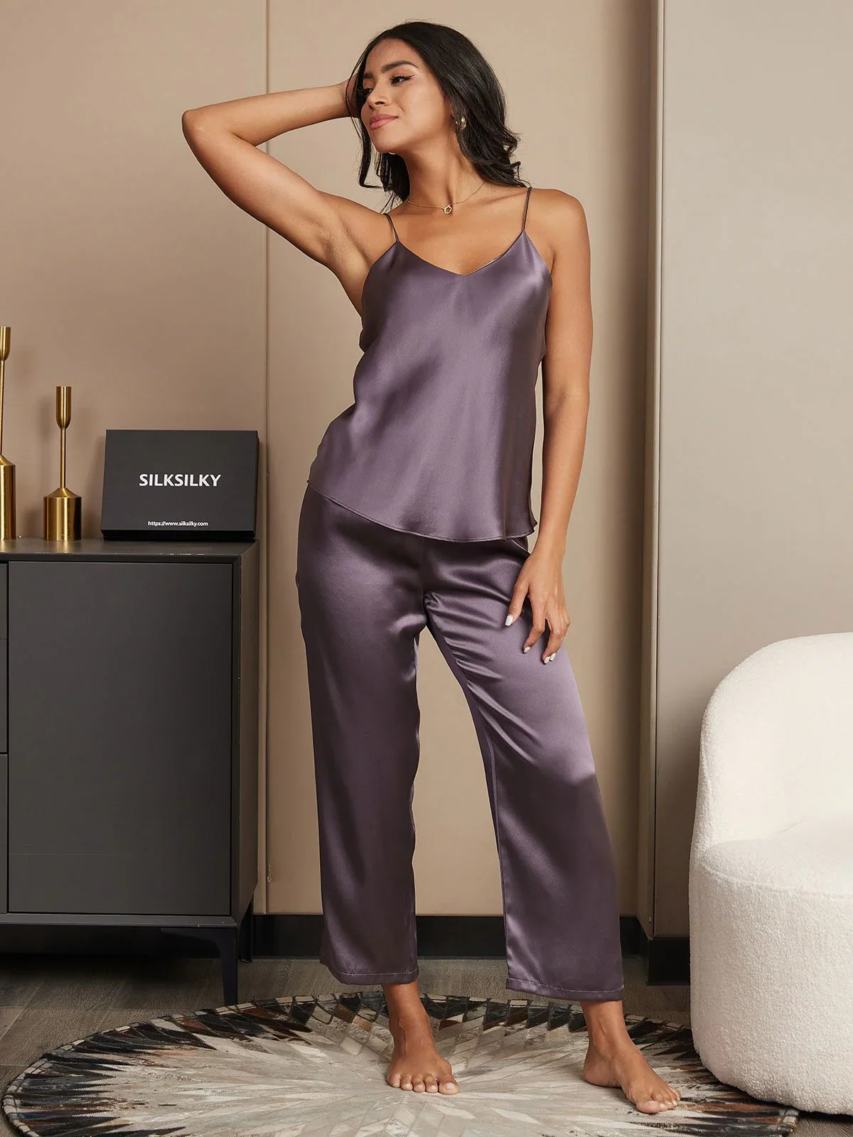 Pure Silk Spaghetti Strap V Neck Cami & Pants Set
