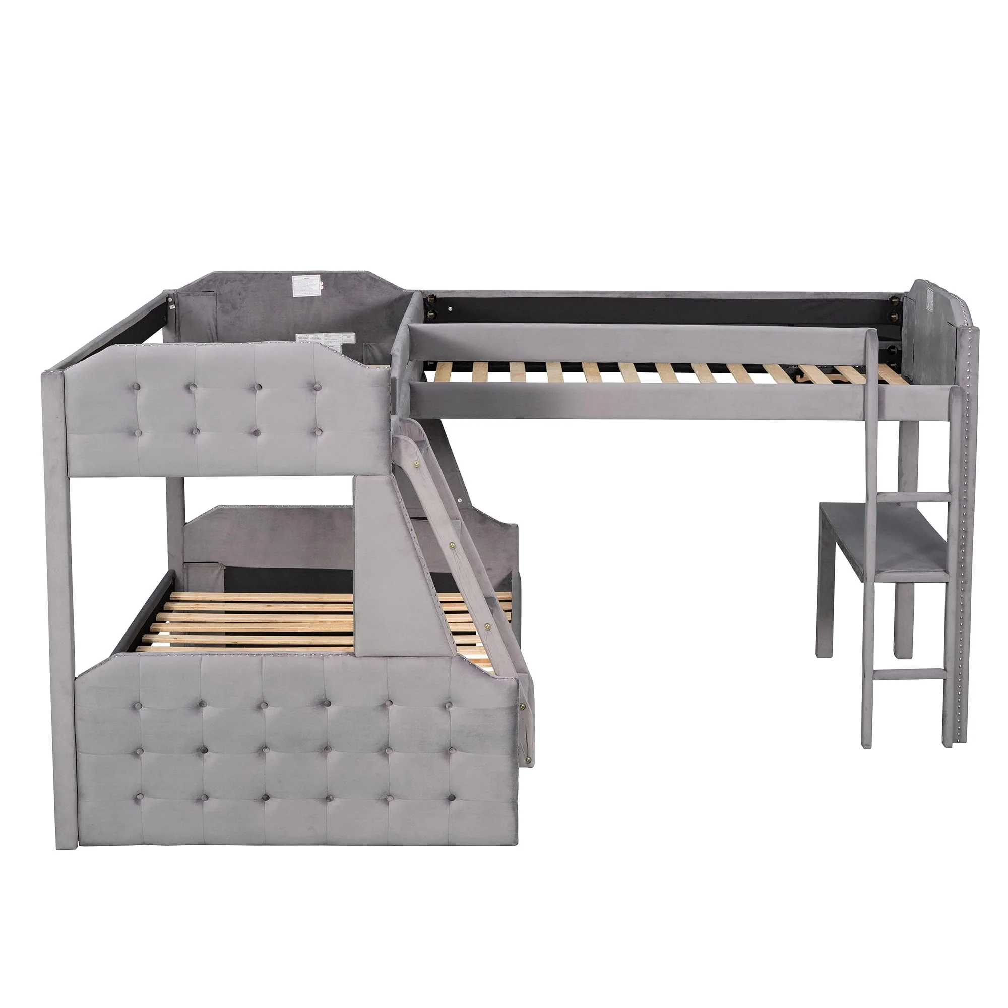 Upholstery L Shaped Twin over Full Bunk Bed and Twin Loft Bed with Desk for Kids Bedroom, Gray Image 7
