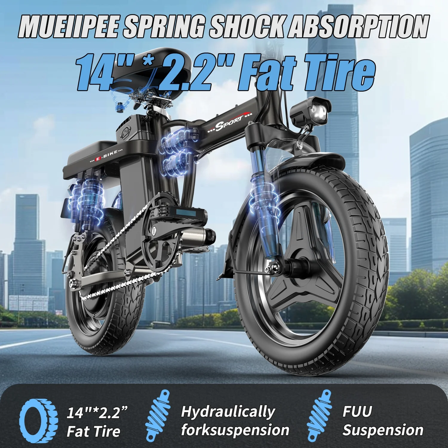 1200W Peak Motor,Folding Electric Bike for Adults Teens,14'' Commuting Bike, Max 28MPH/35 Miles E Bike,3 Speed Double Mini Electric Bike, UL2849(48V 15Ah) Image 8