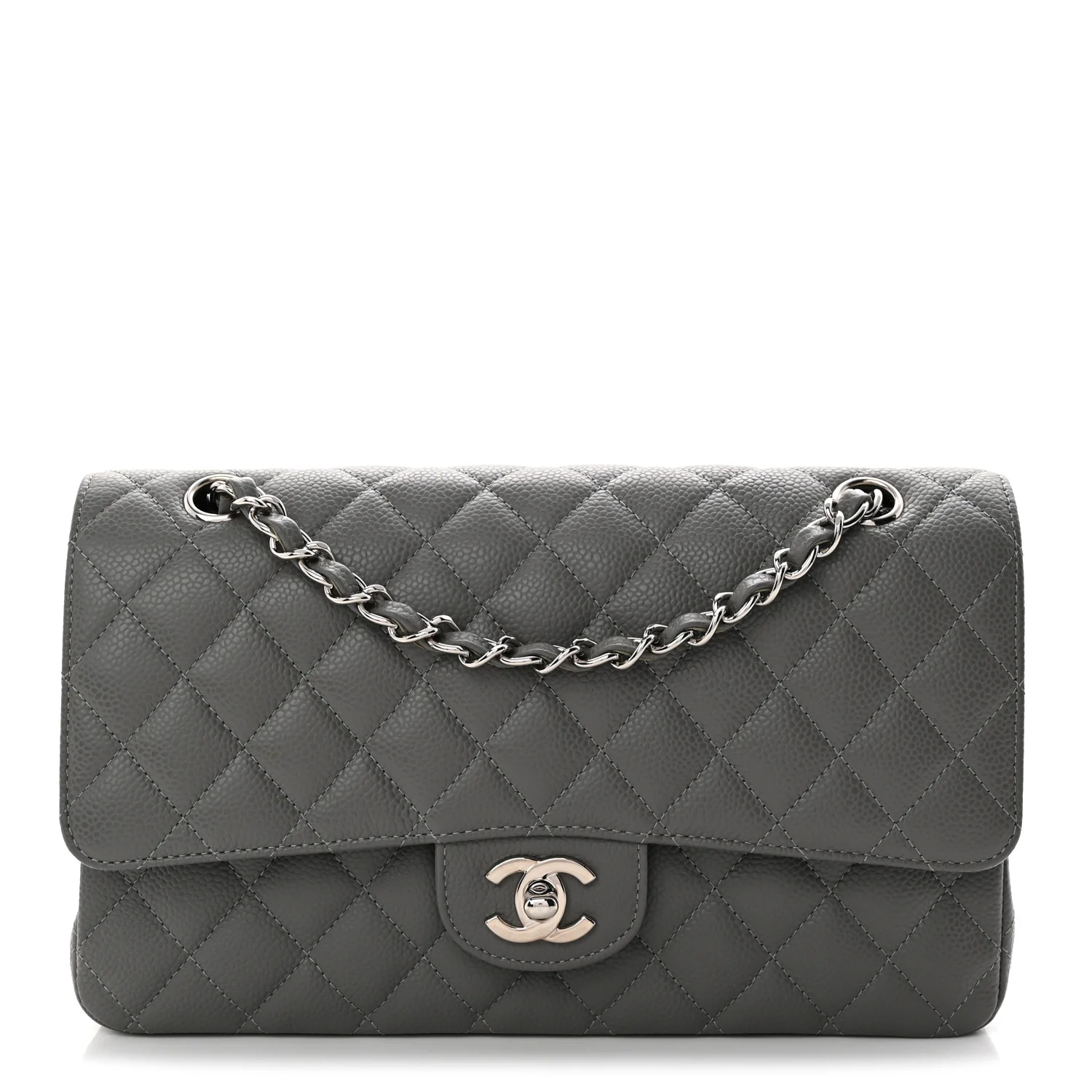 Caviar Quilted Medium Double Flap Grey