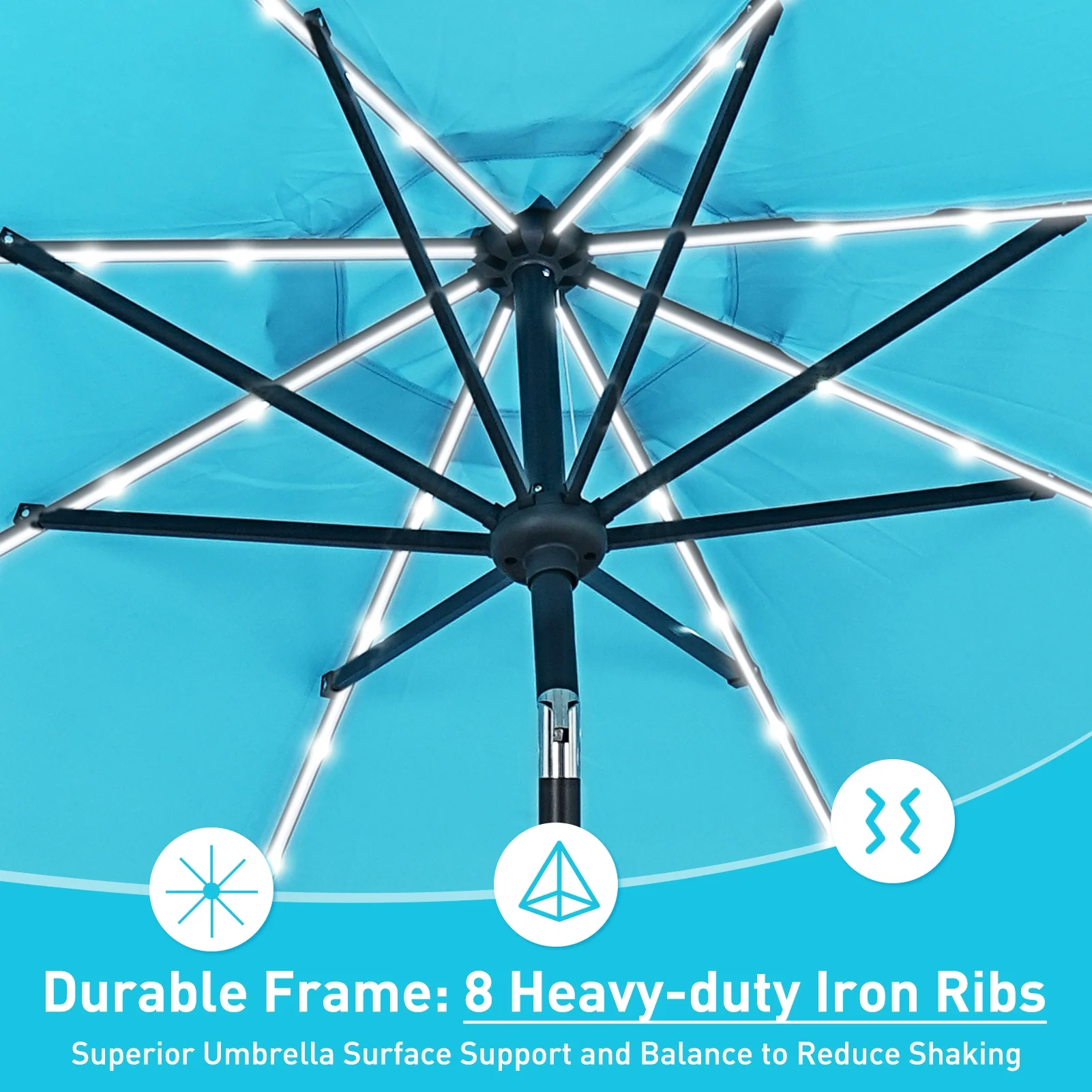 10 FT Solar LED Lighted Patio Umbrella with LED Table Umbrella with 8 LED Strip Lights, Fade-resistant Waterproof for Garden, Backyard, Poolside, Push Button Tilt (Blue)(Blue) - Image 4