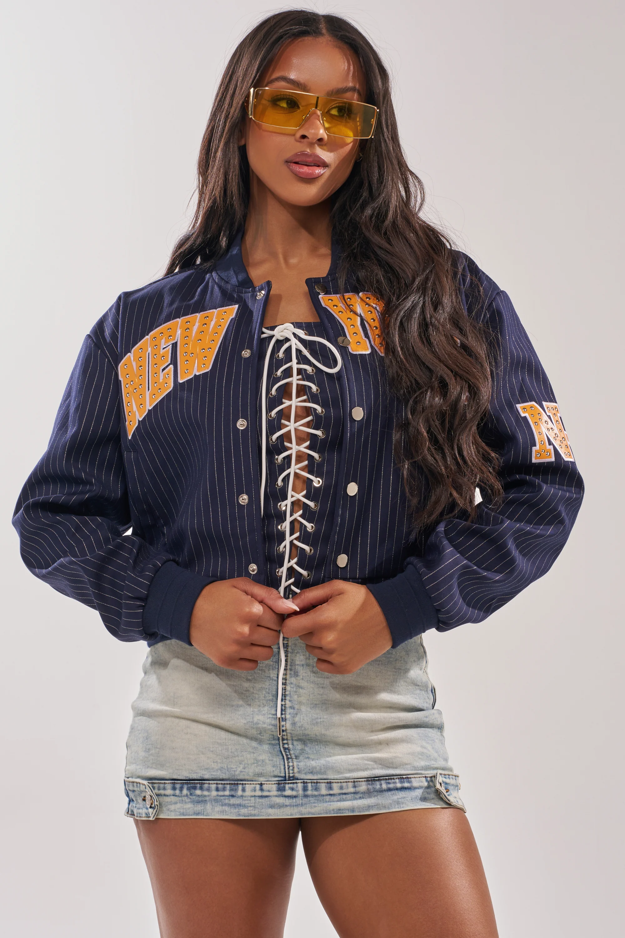 COURTSIDE PINSTRIPE BOMBER - Akira Store