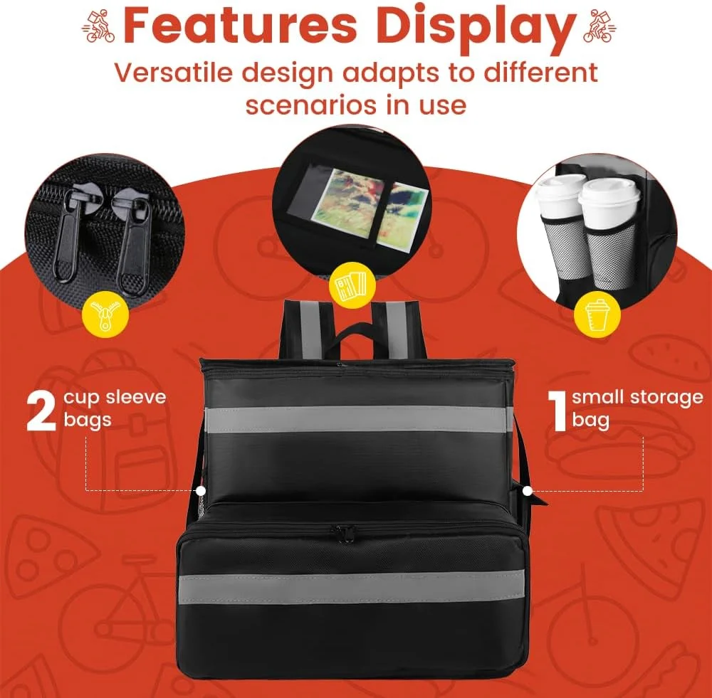 Large Insulated Food Delivery Bag, Expandable Cooler Backpack for Doordash Uber Eats, Reflective Strip Cup Holders, Reusable Pizza Carrier with Hand Straps, Bike Motorcycle Use - Image 6