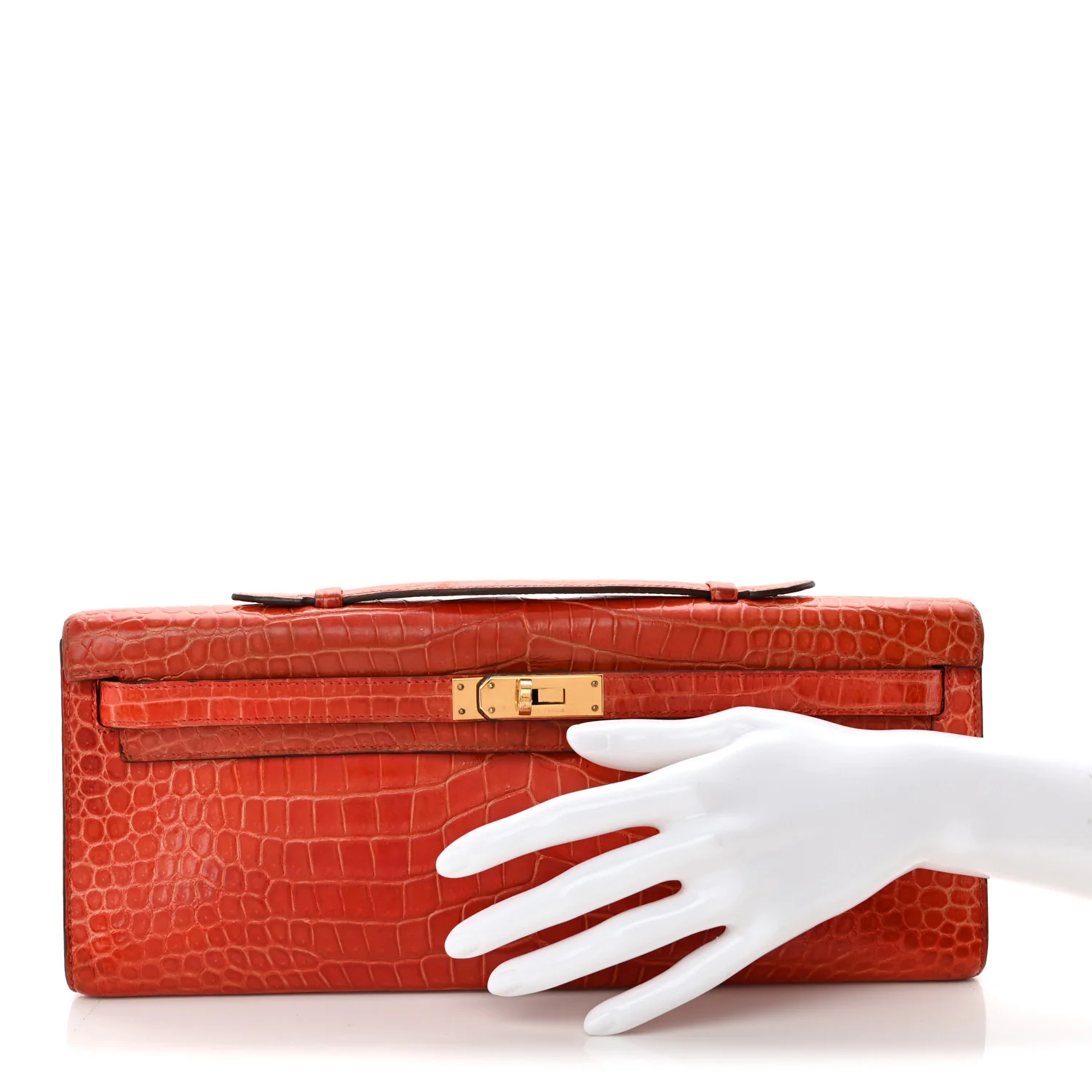 Shiny Porosus Crocodile Kelly Cut Pochette Orange Poppy