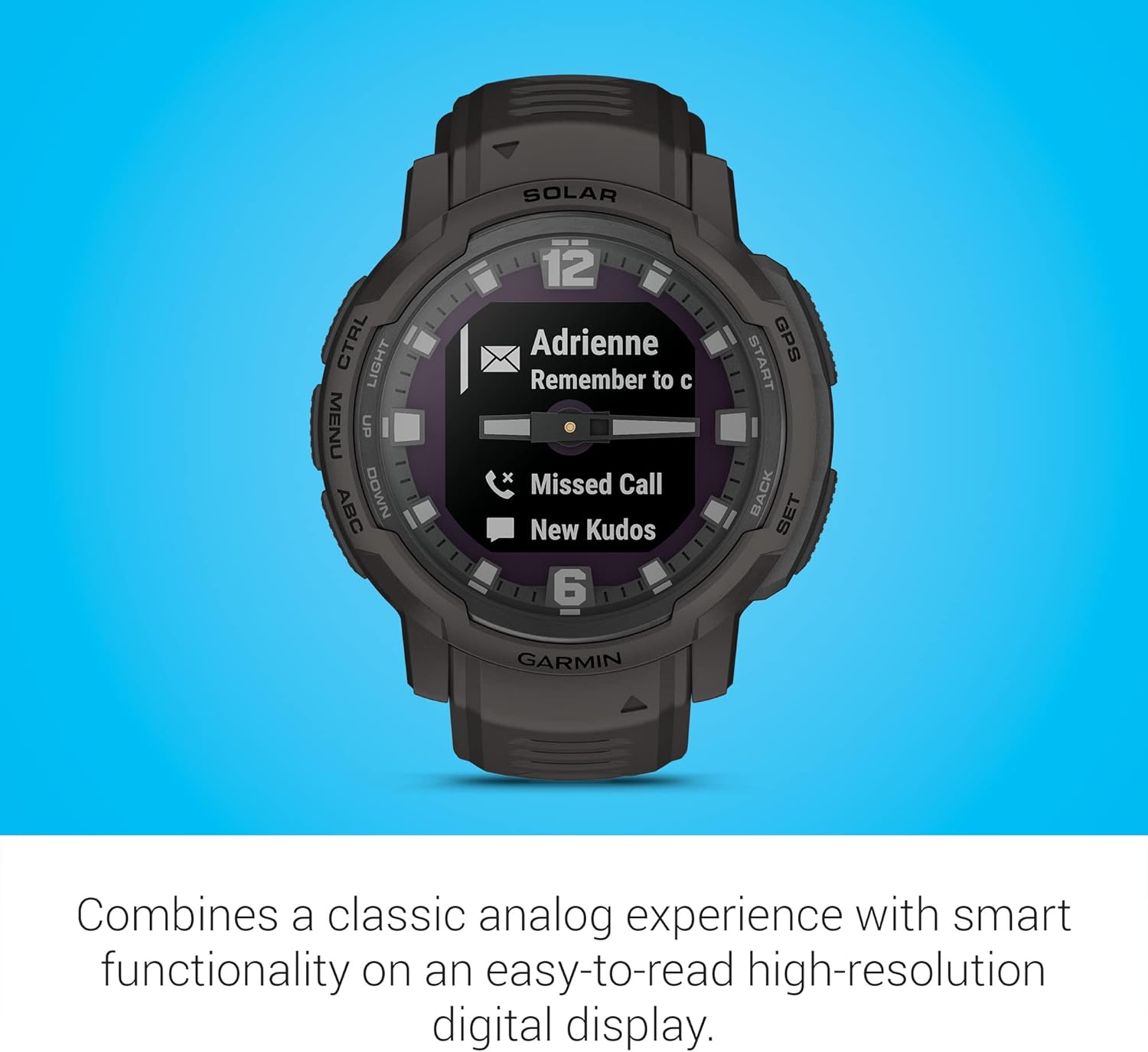 Garmin Instinct Crossover Solar  Rugged Hybrid Smartwatch with Solar Charging Capabilities  Analog Hands and Digital Display  Graphite