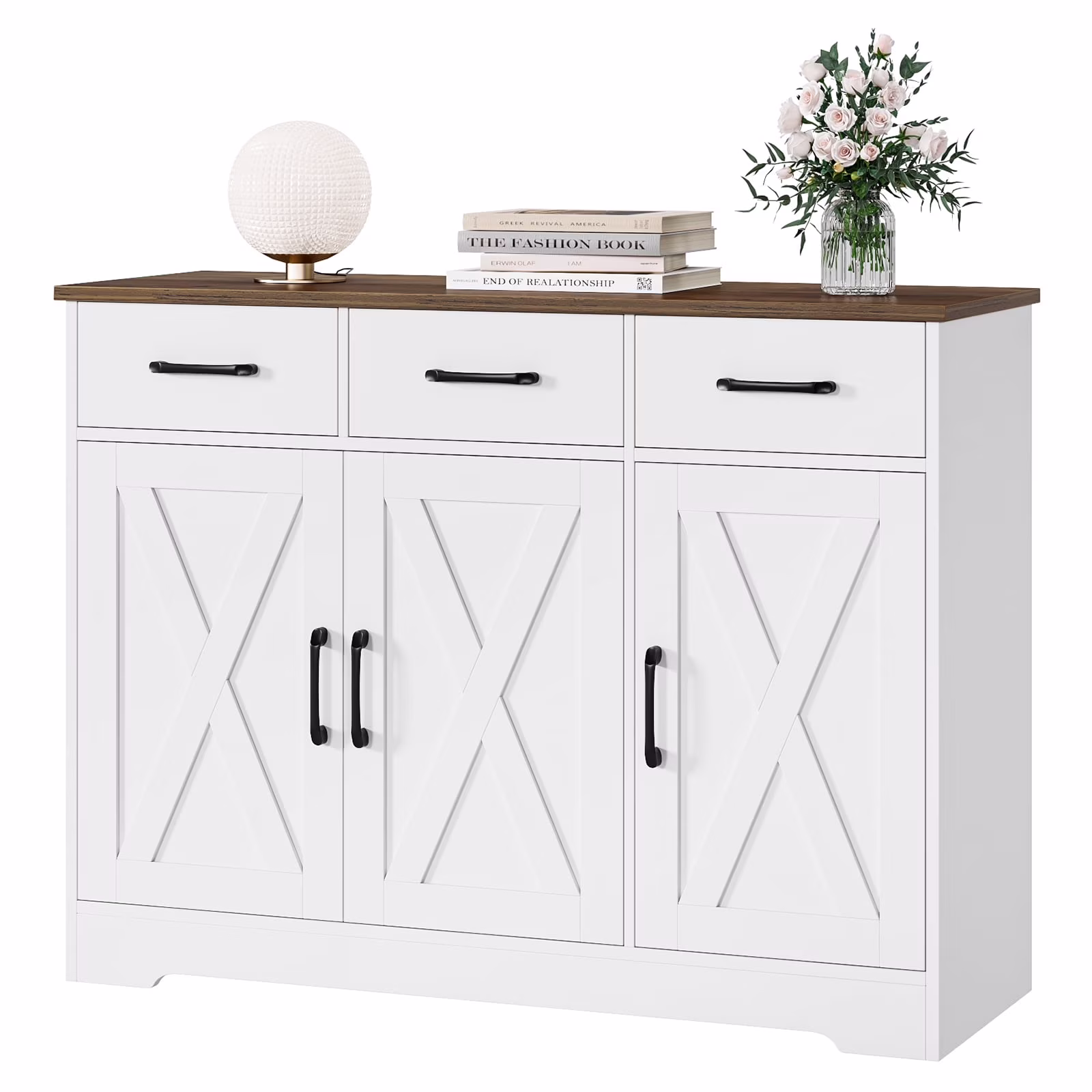 42.5'' Kitchen Buffet Sideboard Cabinet, 3 Drawers Farmhouse Coffee Bar Storage Cabinet with Adjustable Shelf, White(White)