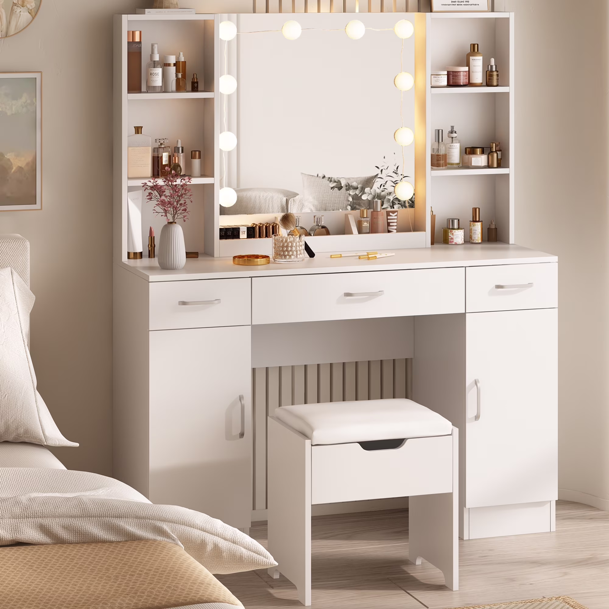 Large Makeup Vanity Set with Light Modern Makeup Vanity Table with Storage and Adjustable Lighting Colors for Bedroom 45.2in, White(White)