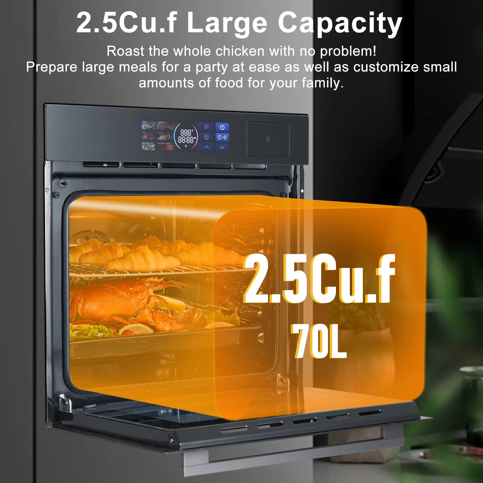 24" Single Wall Oven with 108 Smart Menu 8 Baking Modes,3000W 2.5 CF Convection Oven with Steam Air Fry Function,Stainless Steel,Touch Control Colorful LED Screen(With Colour LED Screen) - Image 4