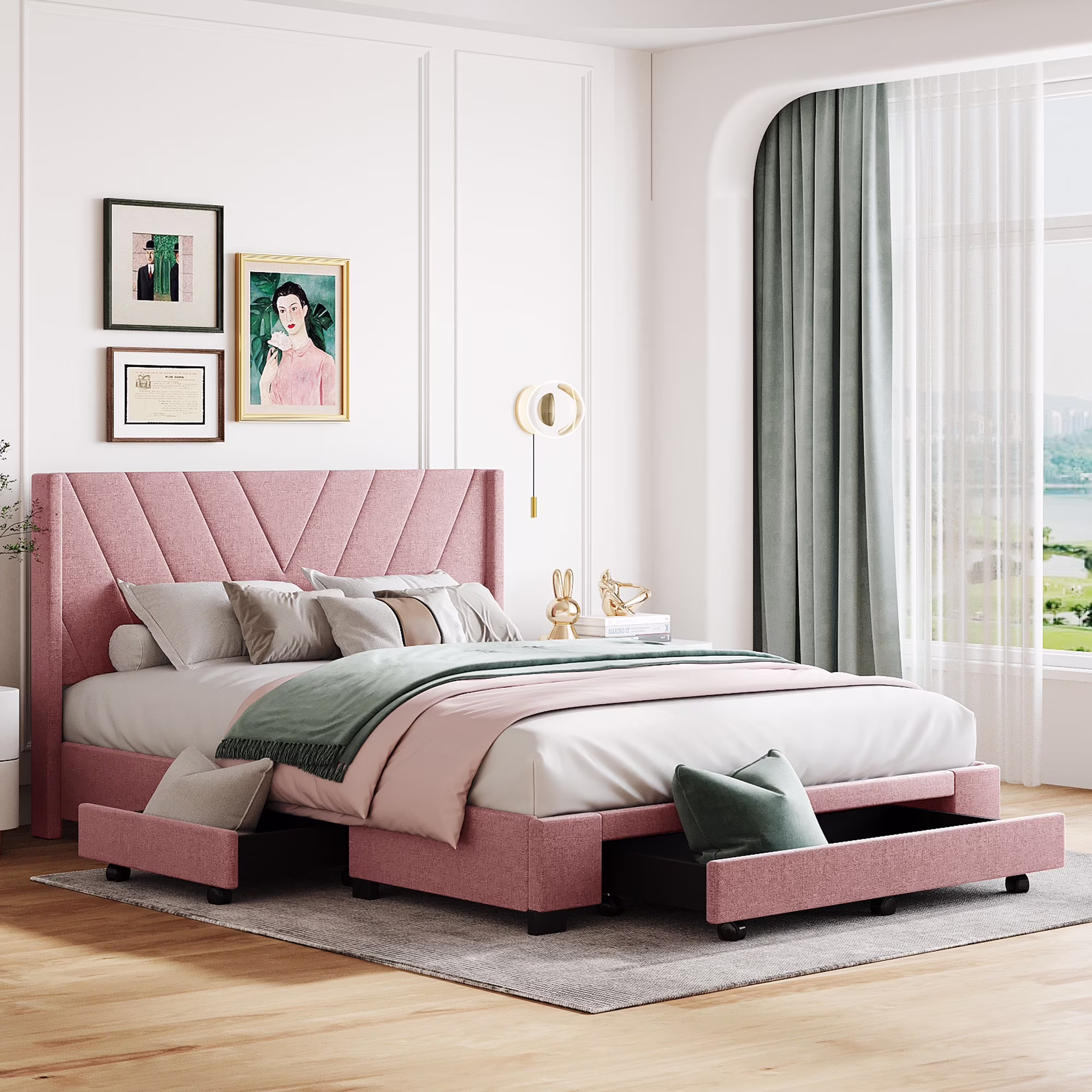 Queen Bed Frame with Storage, New Upgraded Linen Upholstered Platform Bed with 3 Drawers, Queen Size Storage Bed with Headboard and Wooden Slats, No Box Spring Needed, Holds 500lbs, Beige(White) - Image 5