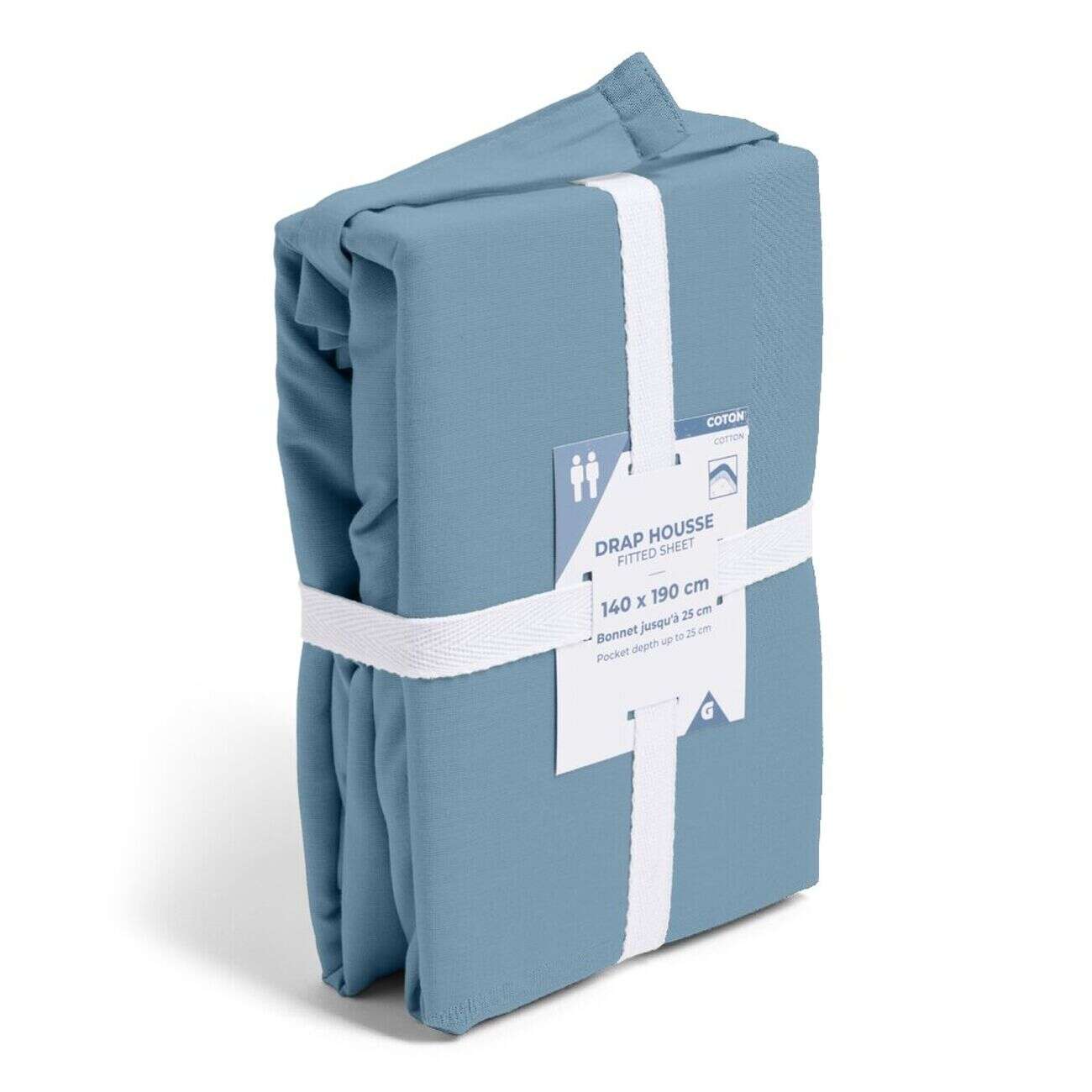 Drap housse 140x190cm 100% coton bleu chiné