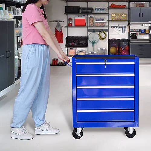 Rolling Garage Workshop Tool Organizer 5 Drawer Tool Chest, Tool Storage Cabinet for Garage Storage with 4 Wheels and Locking System, Blue