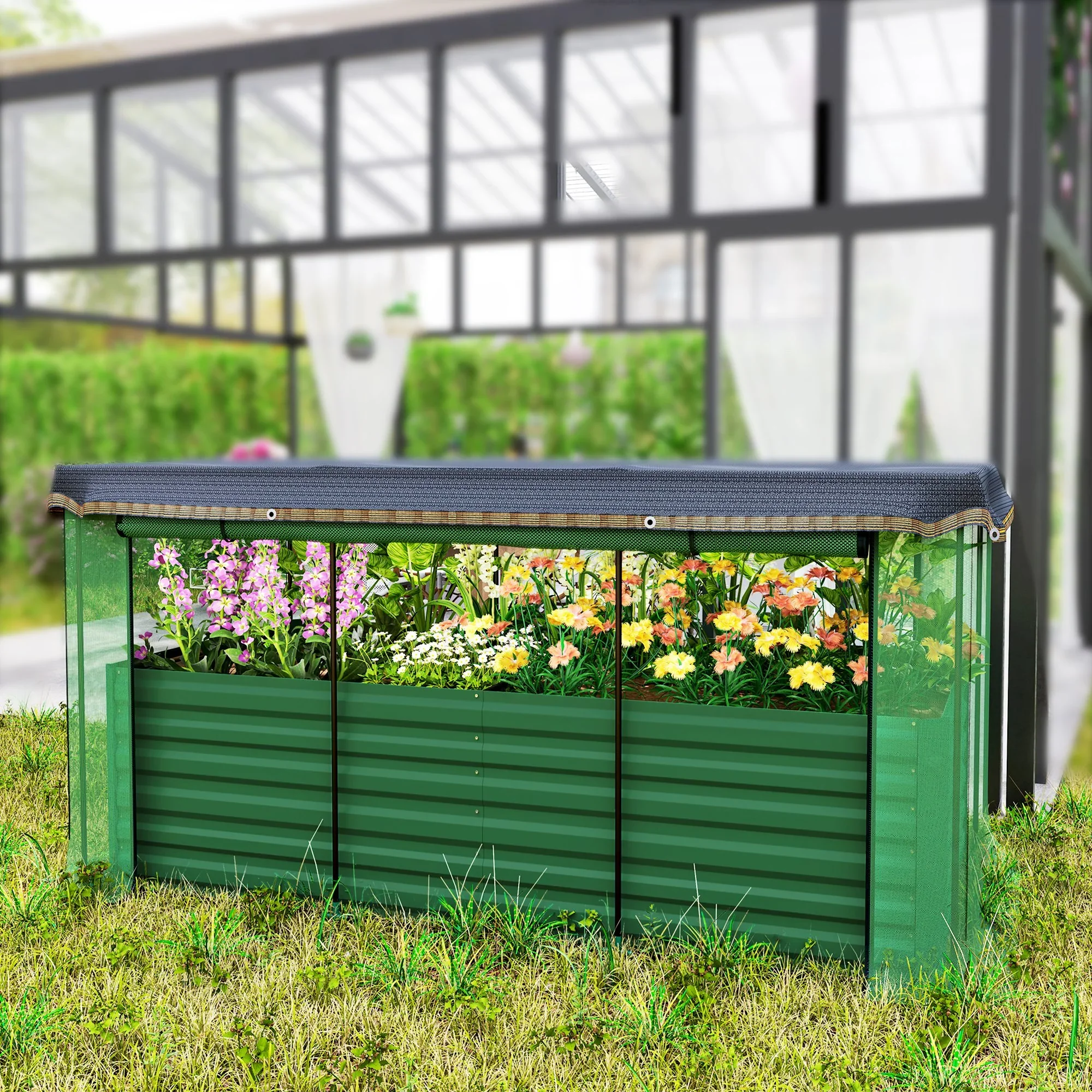 Outsunny Galvanized Raised Garden Bed, Planter Box with Crop Cage and Shade Cloth, Green