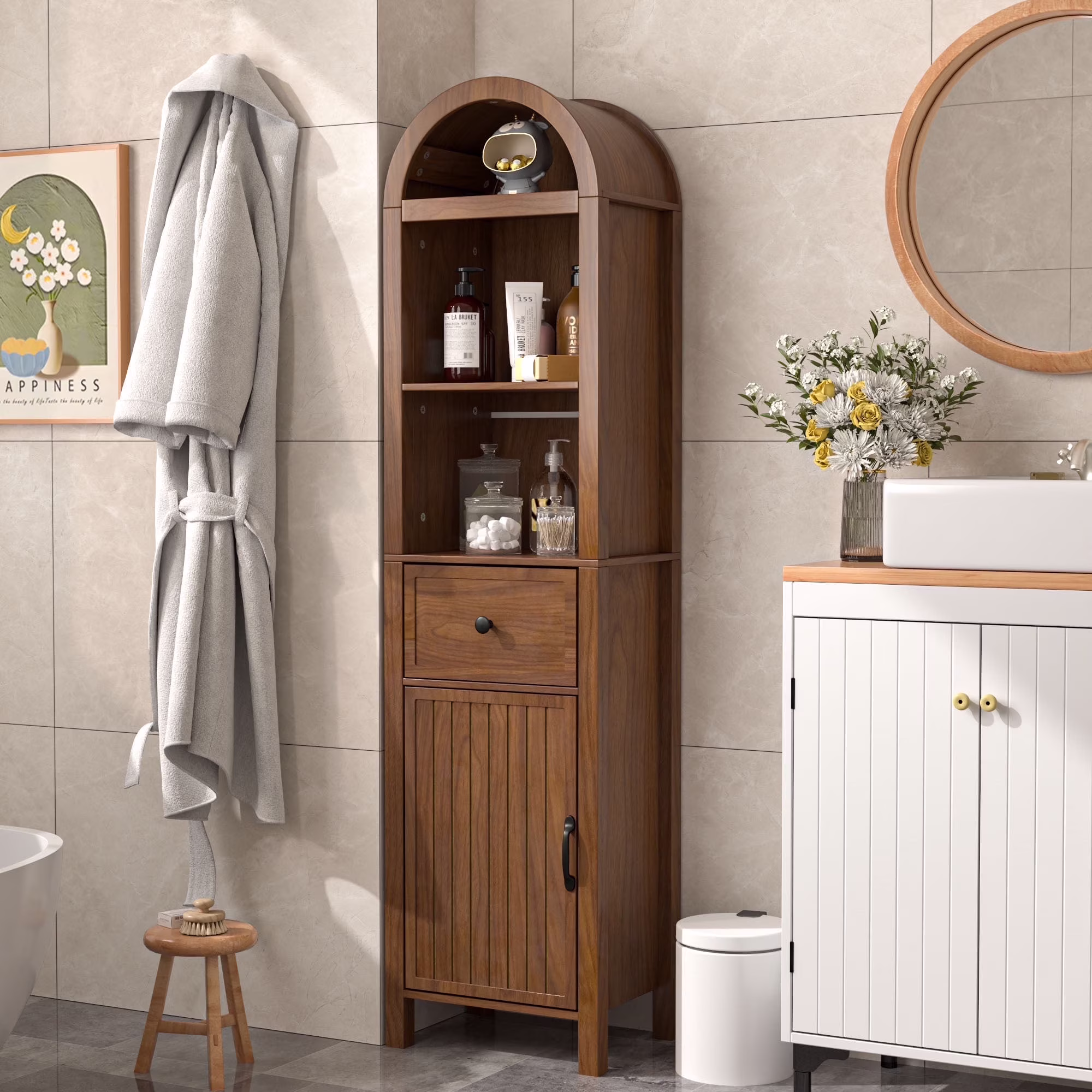 Tall Bathroom Storage Cabinets with Doors and Shelves, Narrow Tall Linen Cabinet with Drawer(Walnut)