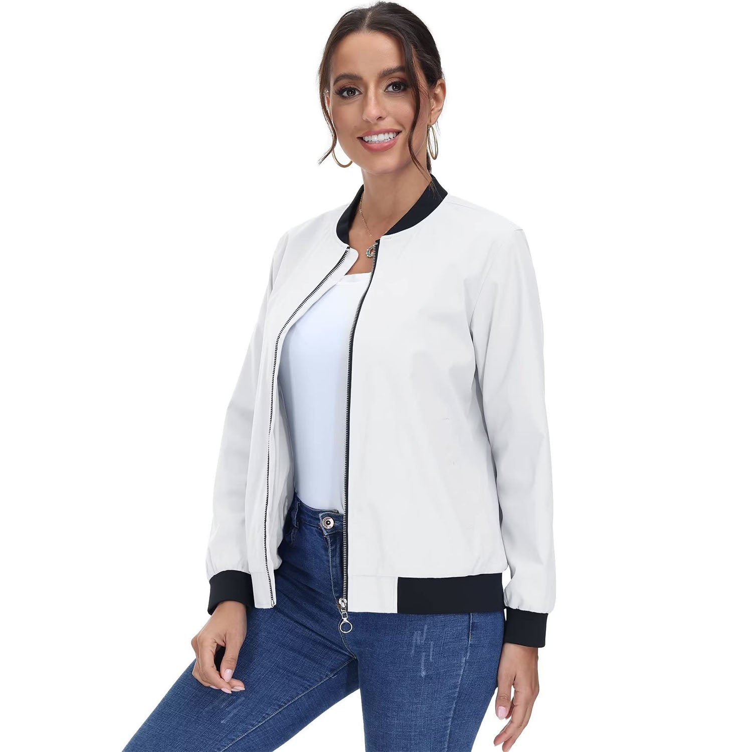 Blouson aviateur pour femme, coupe-vent léger et décontracté à fermeture éclair