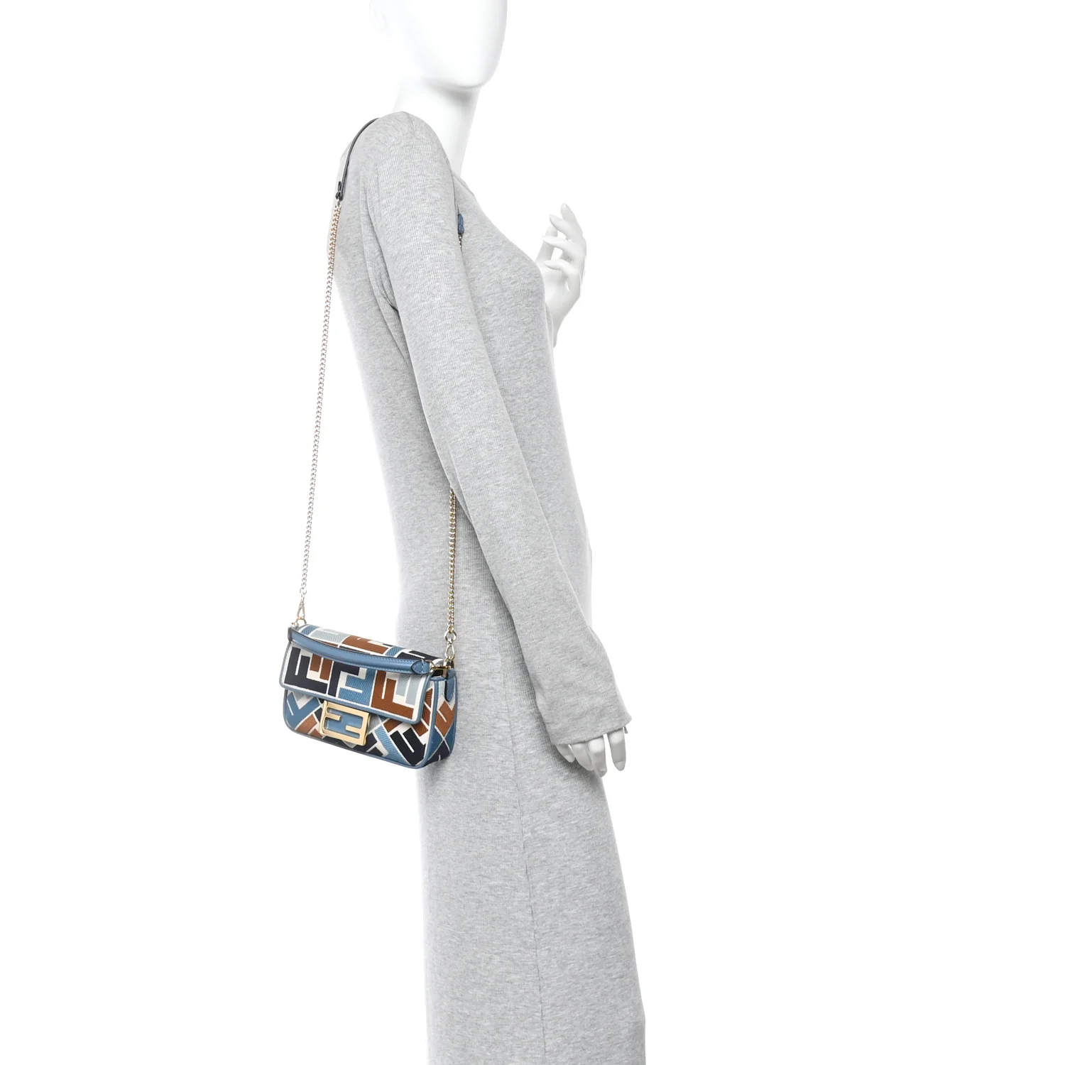 Canvas Vitello King Seta FF Embroidered Mini Baguette Blue Multicolor