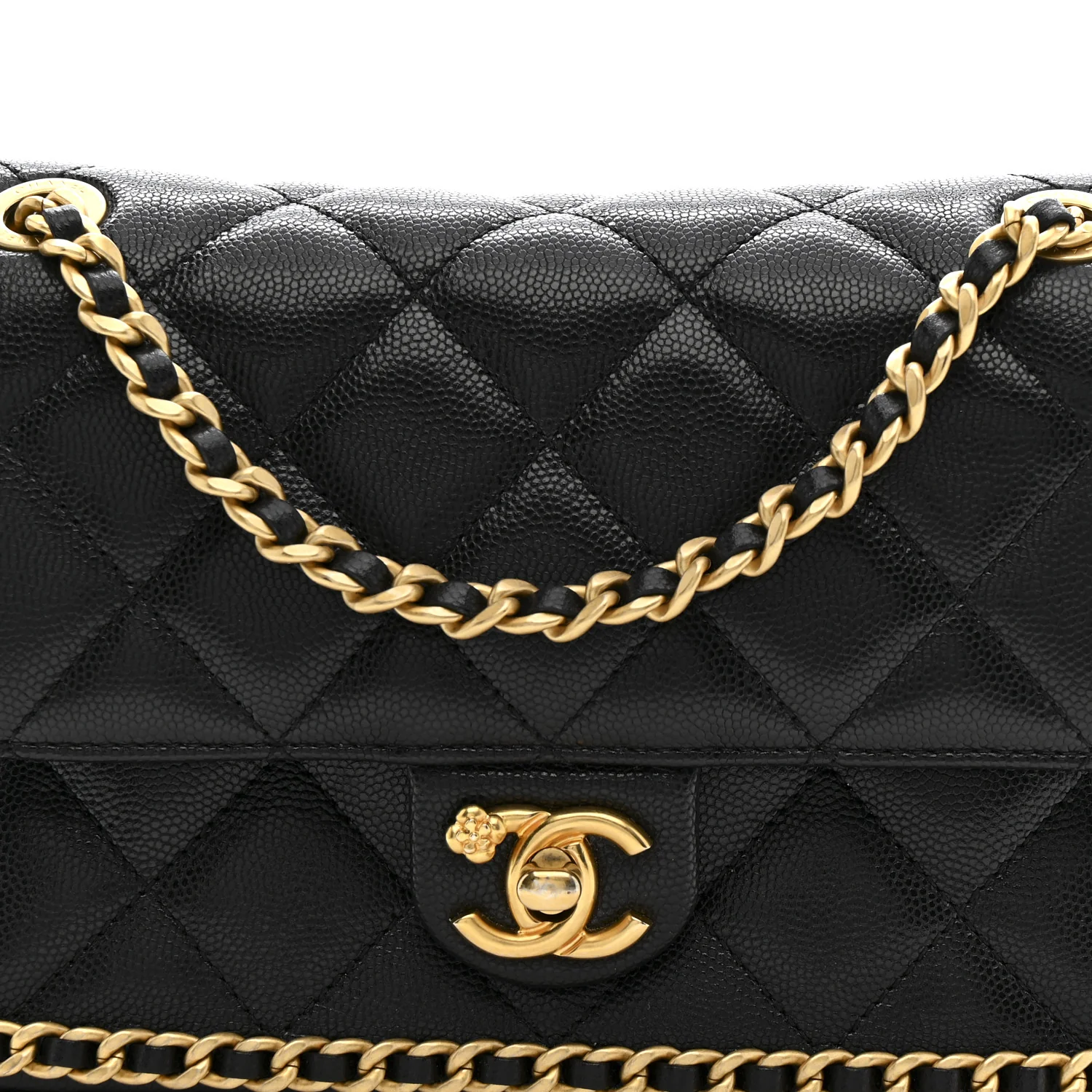 Caviar Quilted Camellia Chain Around Flap Black