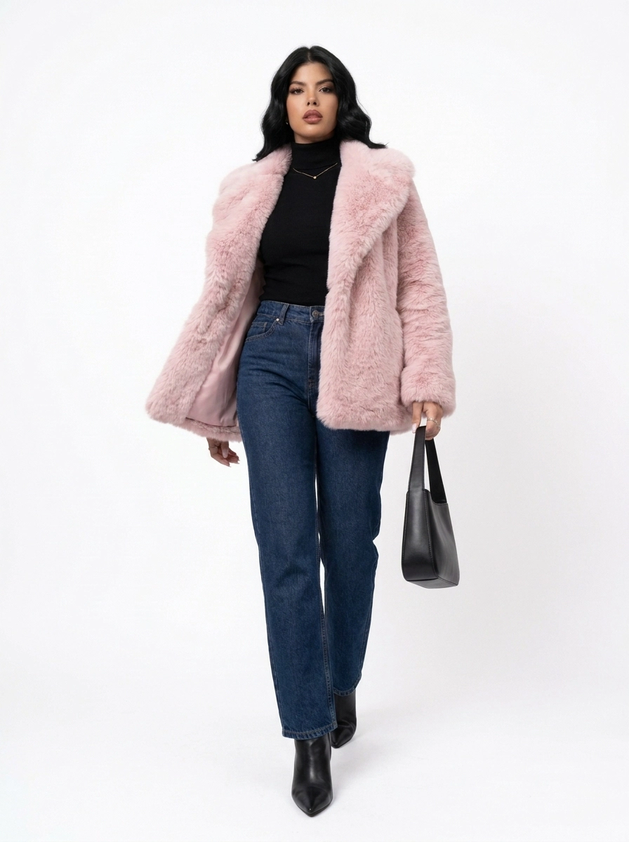 Full-length view of a woman wearing a pink faux fur coat
