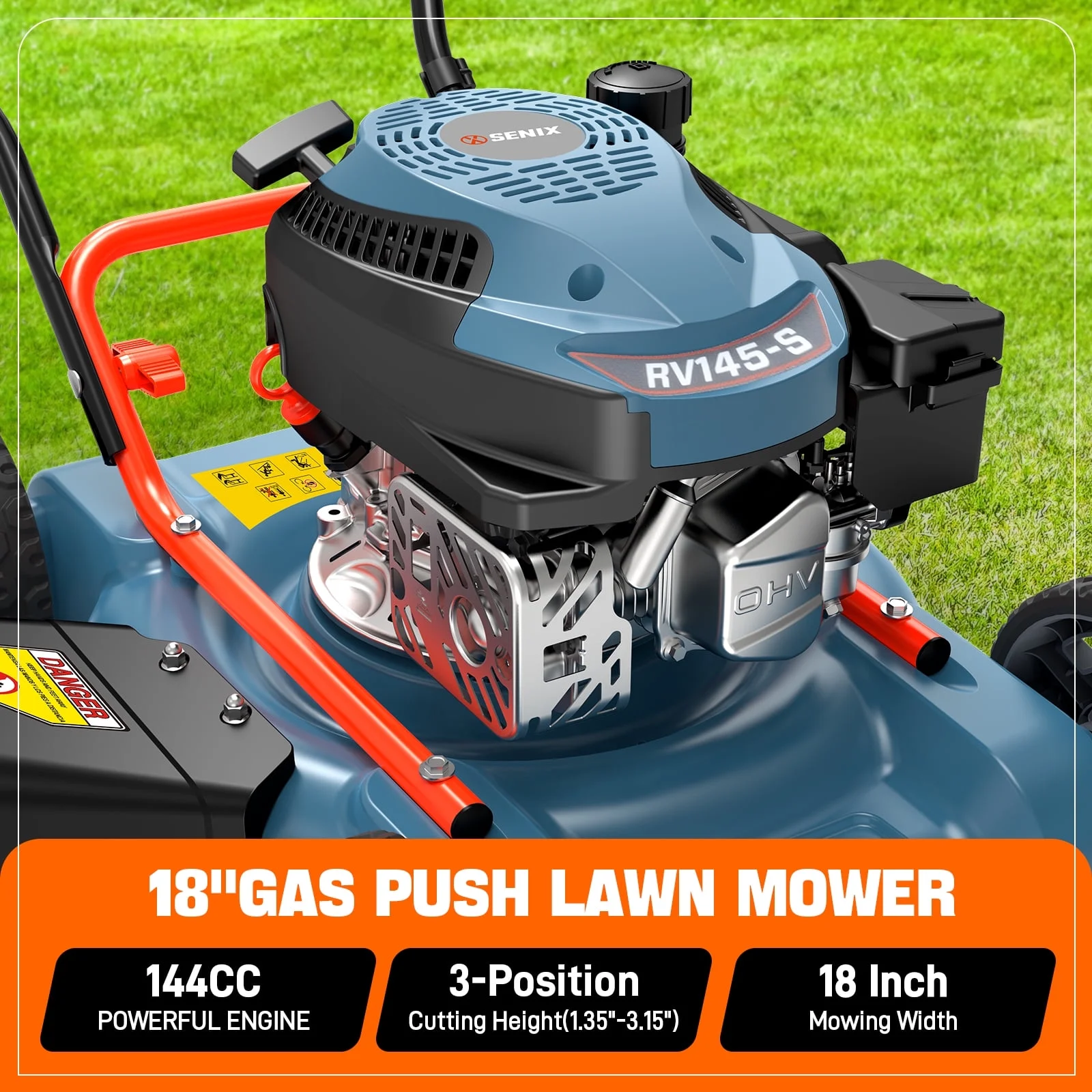 Gas Lawn mower, 18in Cutting Blade / 19in Cutting Deck, 144cc 4-Cycle Engine Push Mower with Side Discharge(18 in) - Image 4