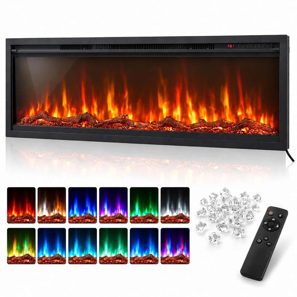 50 Inch Electric Fireplace Insert, Recessed or Wall Mounted