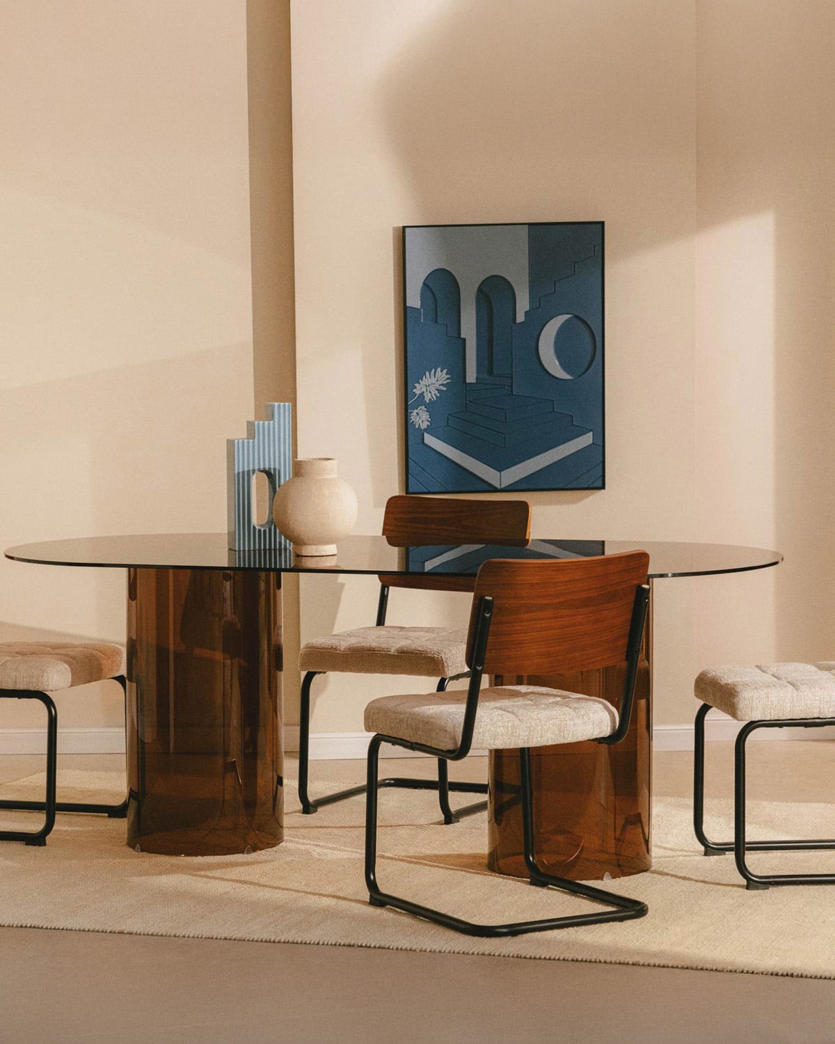 Set Kolu - Cuba - Set de Mesa de Comedor Ovalada de Cristal Templado (200x90 cm) Kolu y 4 Sillas de Madera y Tela Cuba