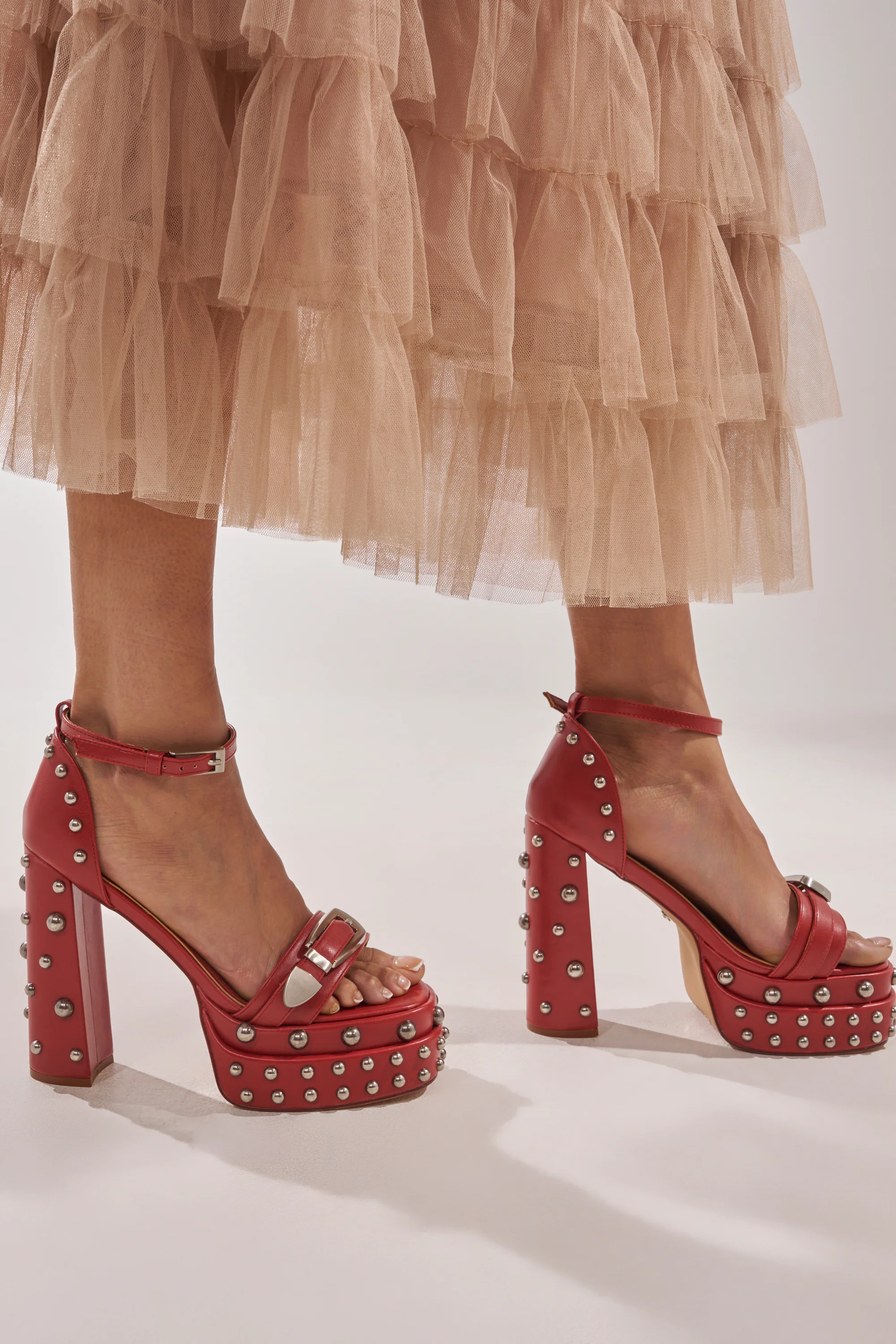 AZALEA WANG EUGENIJA RED CHUNKY EMBELLISHED STUDDED SANDAL - Akira Store
