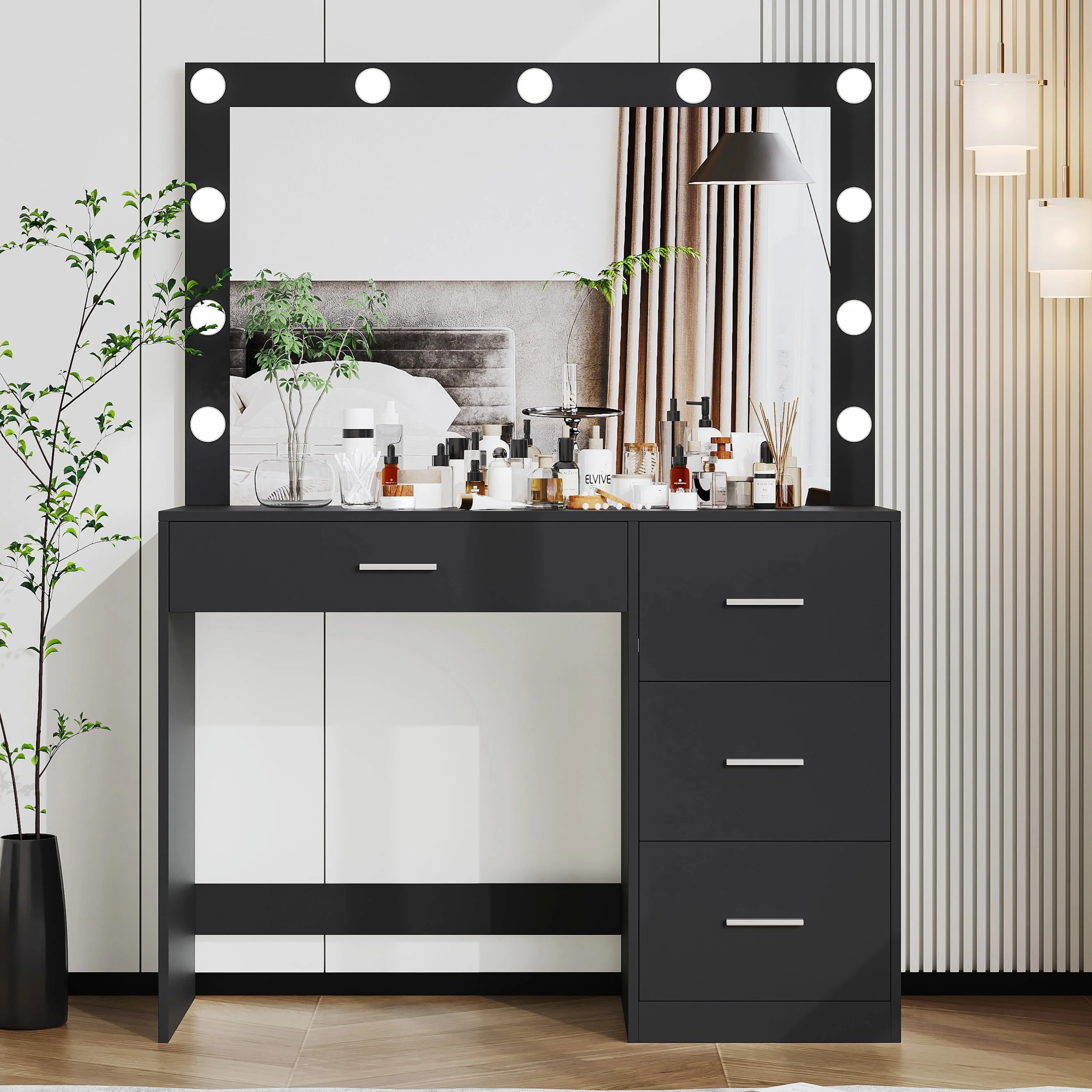 Modern Makeup Vanity Table with Lights, Vanity Desk with Mirror, 4 Drawers, Dressing Table, White(Black)