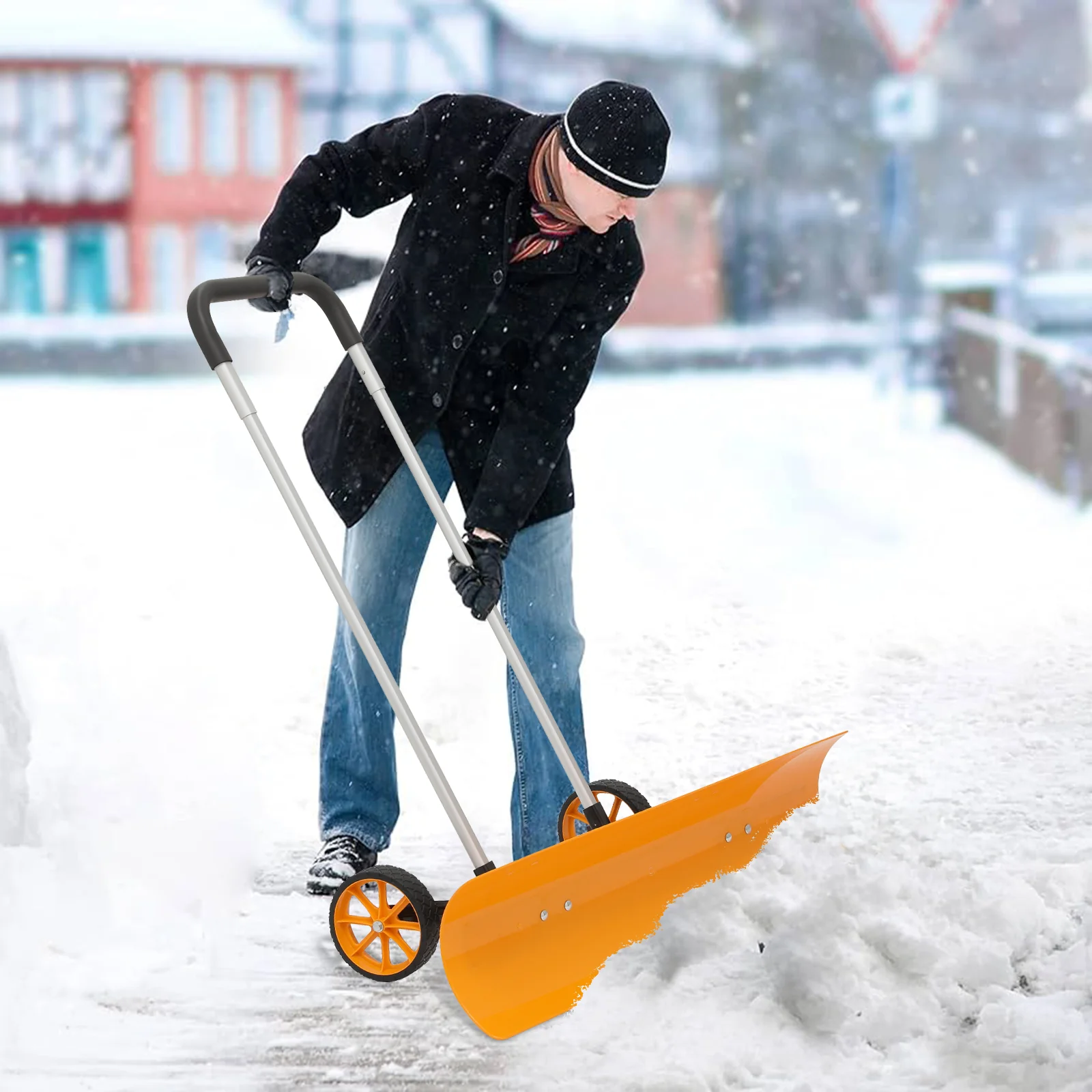 Snow Shovel with Wheels, 37 5 inch Wide Rolling Snow Plow Pusher Shovel with Adjustable Aluminum Handle, Snow Removal Tool for Driveway Garden Pavement, Orange Image 3