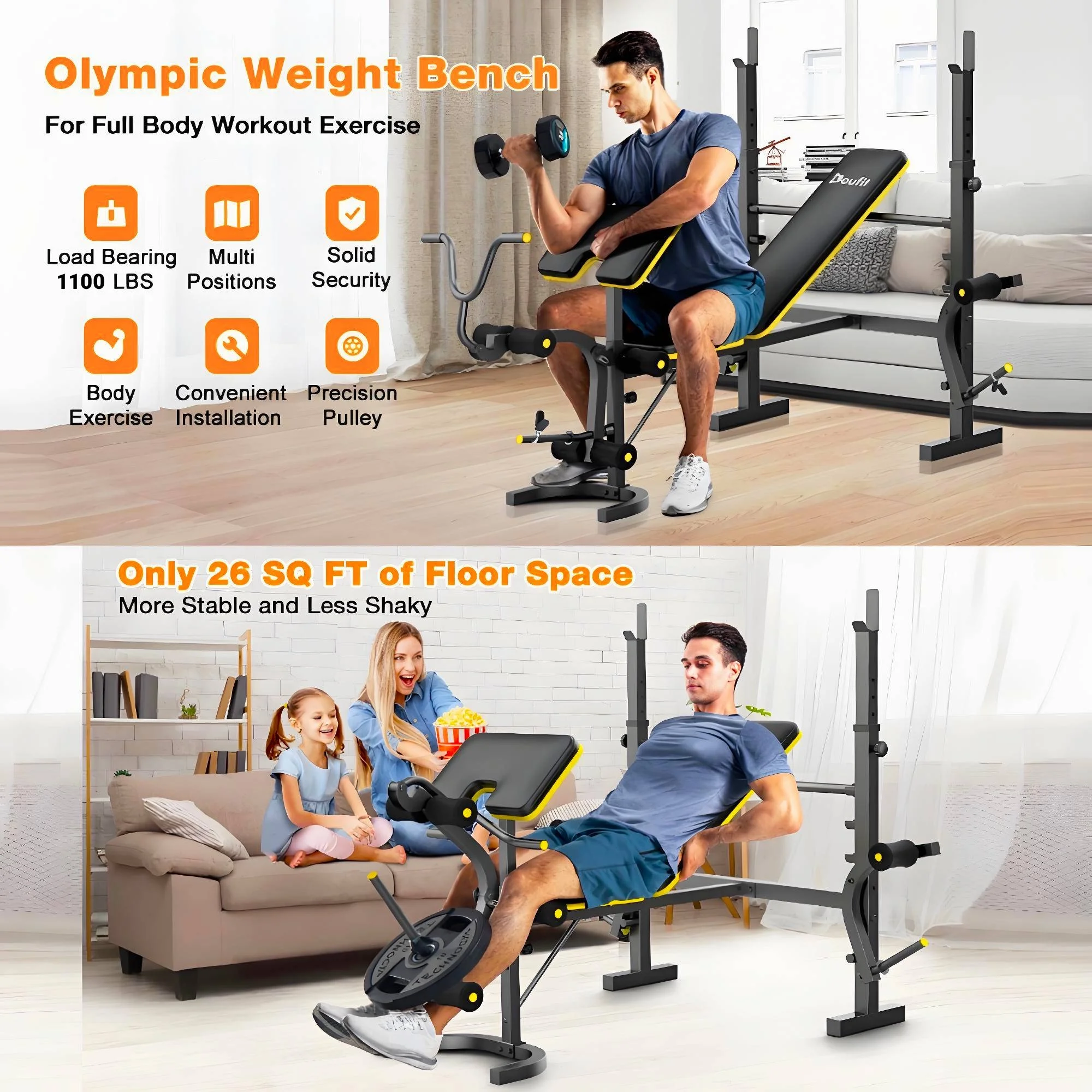 Weight Bench, 1100lbs 6 In 1 Workout Bench Press with Squat Rack Leg Developer Preacher Curl Butterfly Arms,Gym Exercise Equipment for Full Body Home Gym Image 3