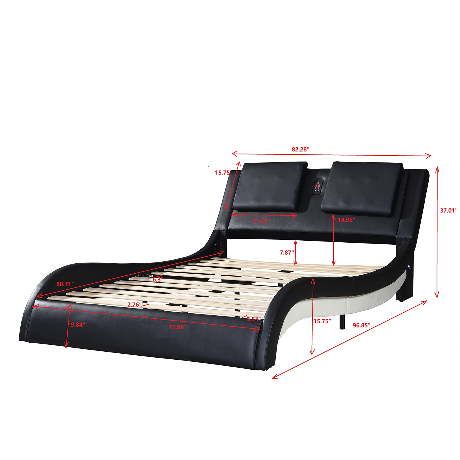 King Size Platform Bed Frame wth LED Light And USB Charging Ports Headboard, Wave-Like Curve Backrest Vibration Massage Upholstered Faux Leather Bed for Home(White1-1) - Image 9