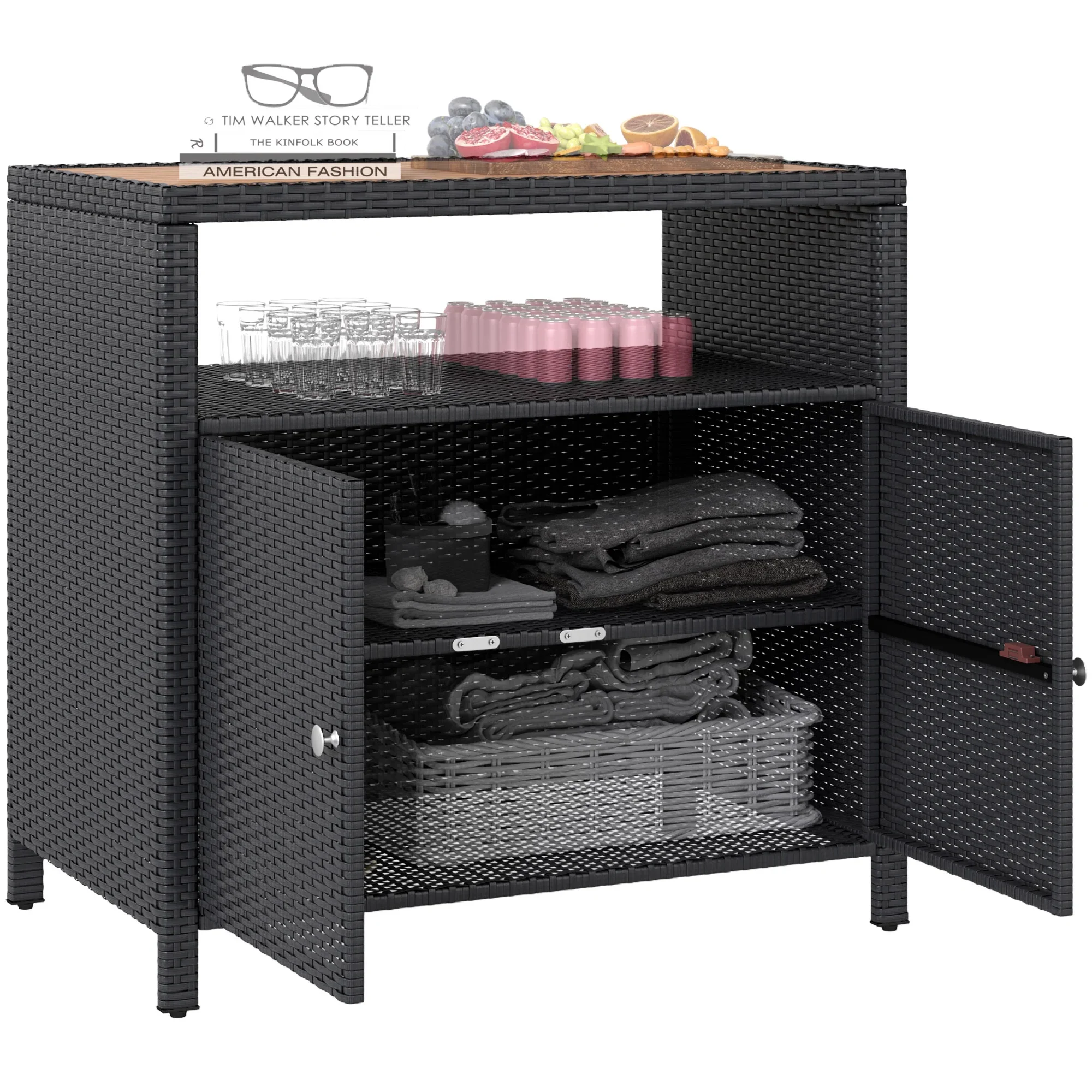 Outsunny Rattan Outdoor Storage Cabinet, Wicker Bar Table with Acacia Wood Countertop, Two Doors, Shelf, for Garden, Patio, Backyard, Black